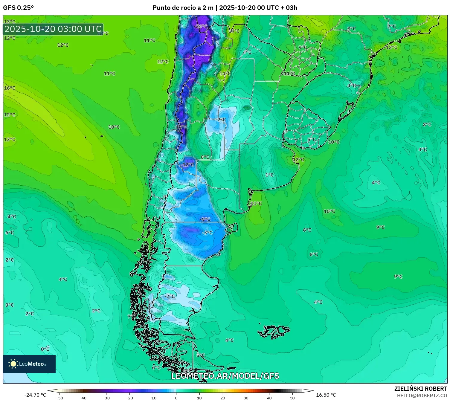 GFS model - Argentina, Punto de rocío a 2 m GFS model - Argentina, Punto de rocío a 2 m