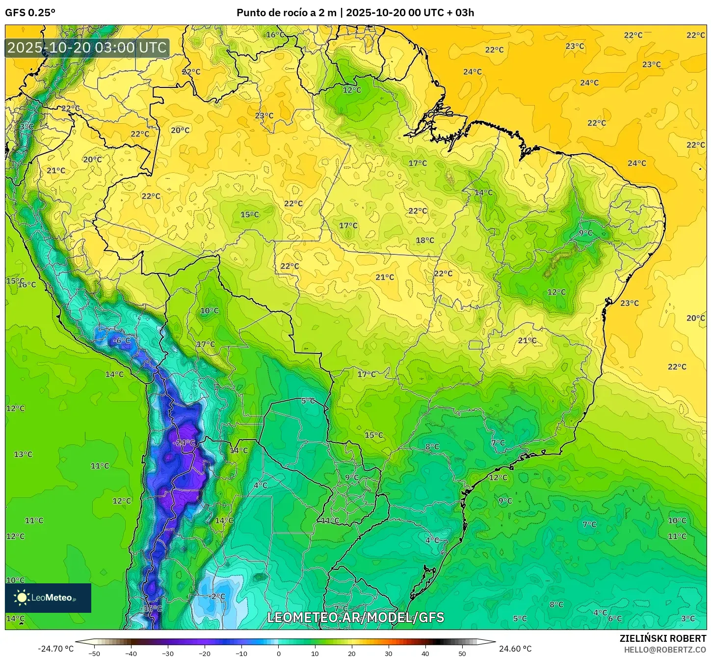 GFS model - Brasil, Punto de rocío a 2 m GFS model - Brasil, Punto de rocío a 2 m