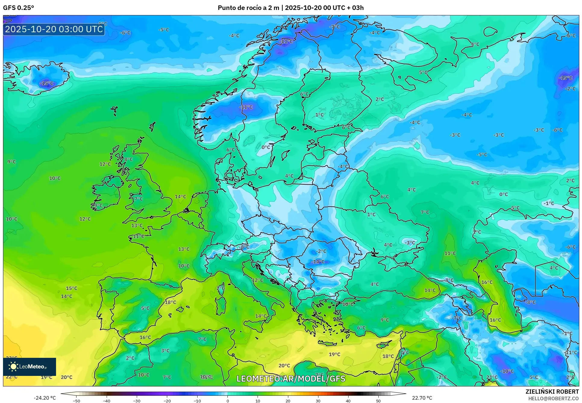 GFS model - Europa, Punto de rocío a 2 m GFS model - Europa, Punto de rocío a 2 m