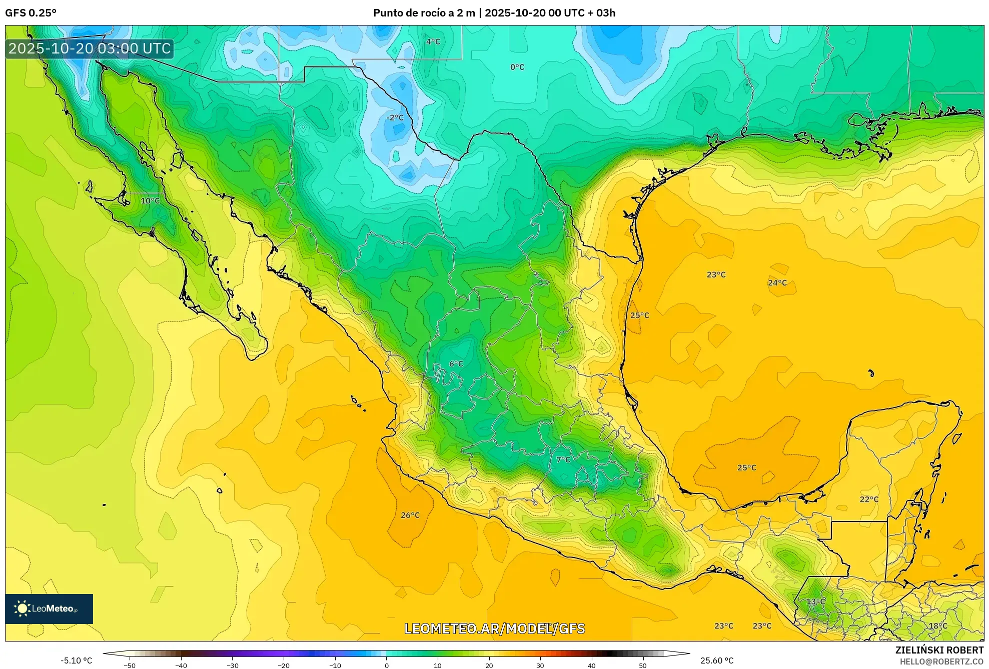 GFS model - México, Punto de rocío a 2 m GFS model - México, Punto de rocío a 2 m