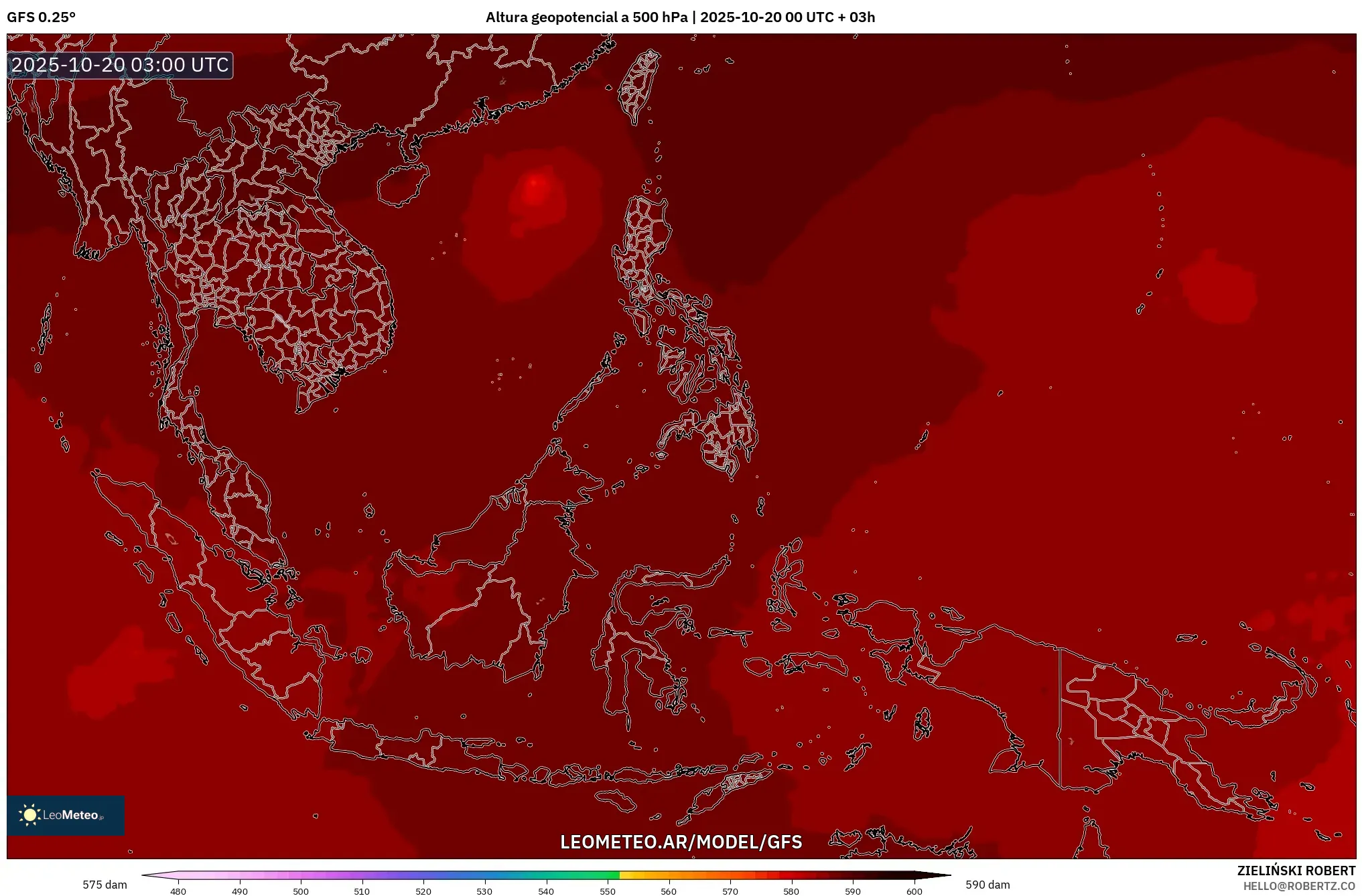 GFS model - Sudeste Asiático, Altura geopotencial a 500 hPa