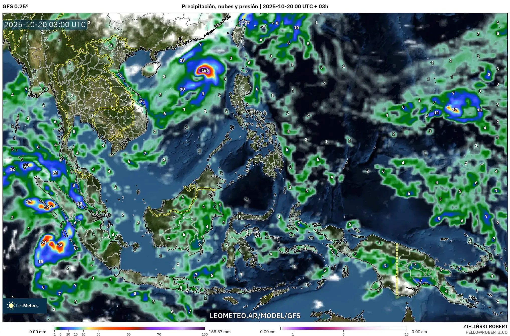 GFS model - Sudeste Asiático, Precipitación, nubes y presión GFS model - Sudeste Asiático, Precipitación, nubes y presión