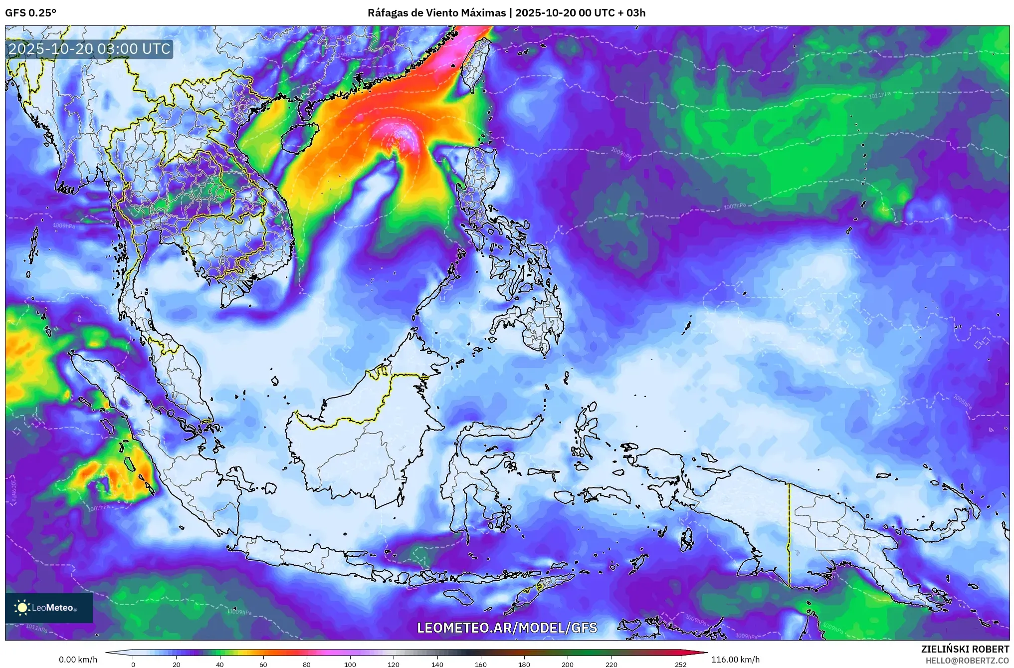 GFS model - Sudeste Asiático, Ráfagas de Viento Máximas GFS model - Sudeste Asiático, Ráfagas de Viento Máximas