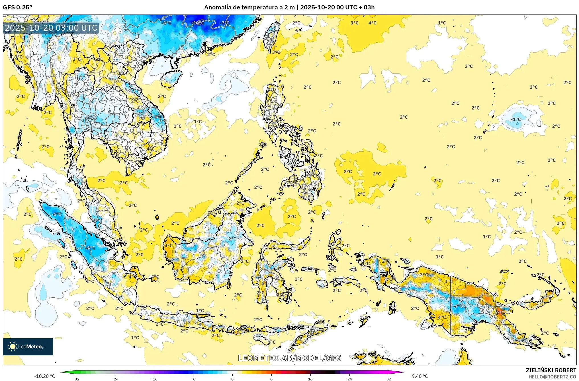 GFS model - Sudeste Asiático, Anomalía de temperatura a 2 m GFS model - Sudeste Asiático, Anomalía de temperatura a 2 m