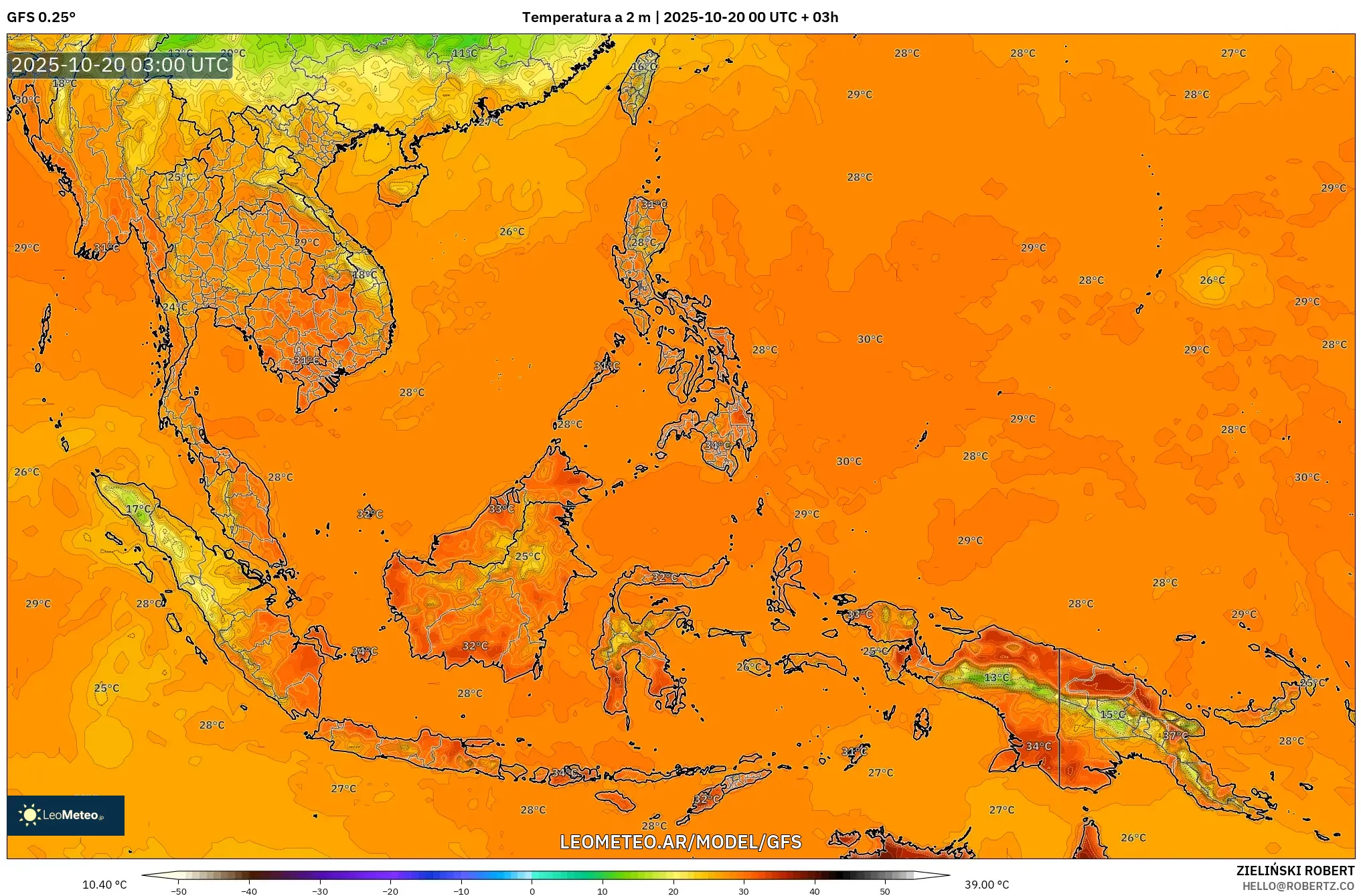 GFS model - Sudeste Asiático, Temperatura a 2 m GFS model - Sudeste Asiático, Temperatura a 2 m