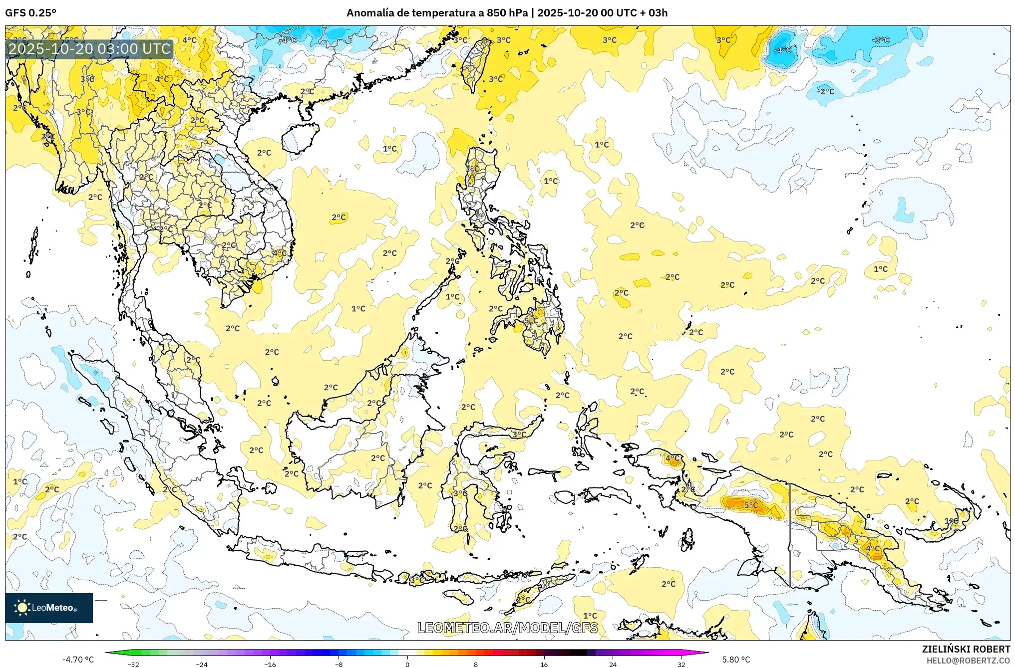 GFS model - Sudeste Asiático, Anomalía de temperatura a 850 hPa GFS model - Sudeste Asiático, Anomalía de temperatura a 850 hPa