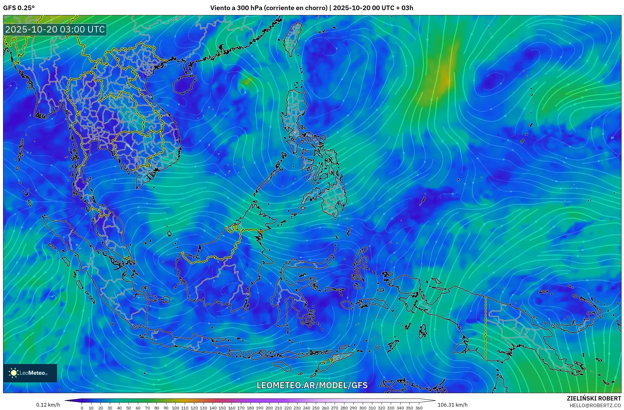GFS model - Sudeste Asiático, Viento a 300 hPa (corriente en chorro) GFS model - Sudeste Asiático, Viento a 300 hPa (corriente en chorro)