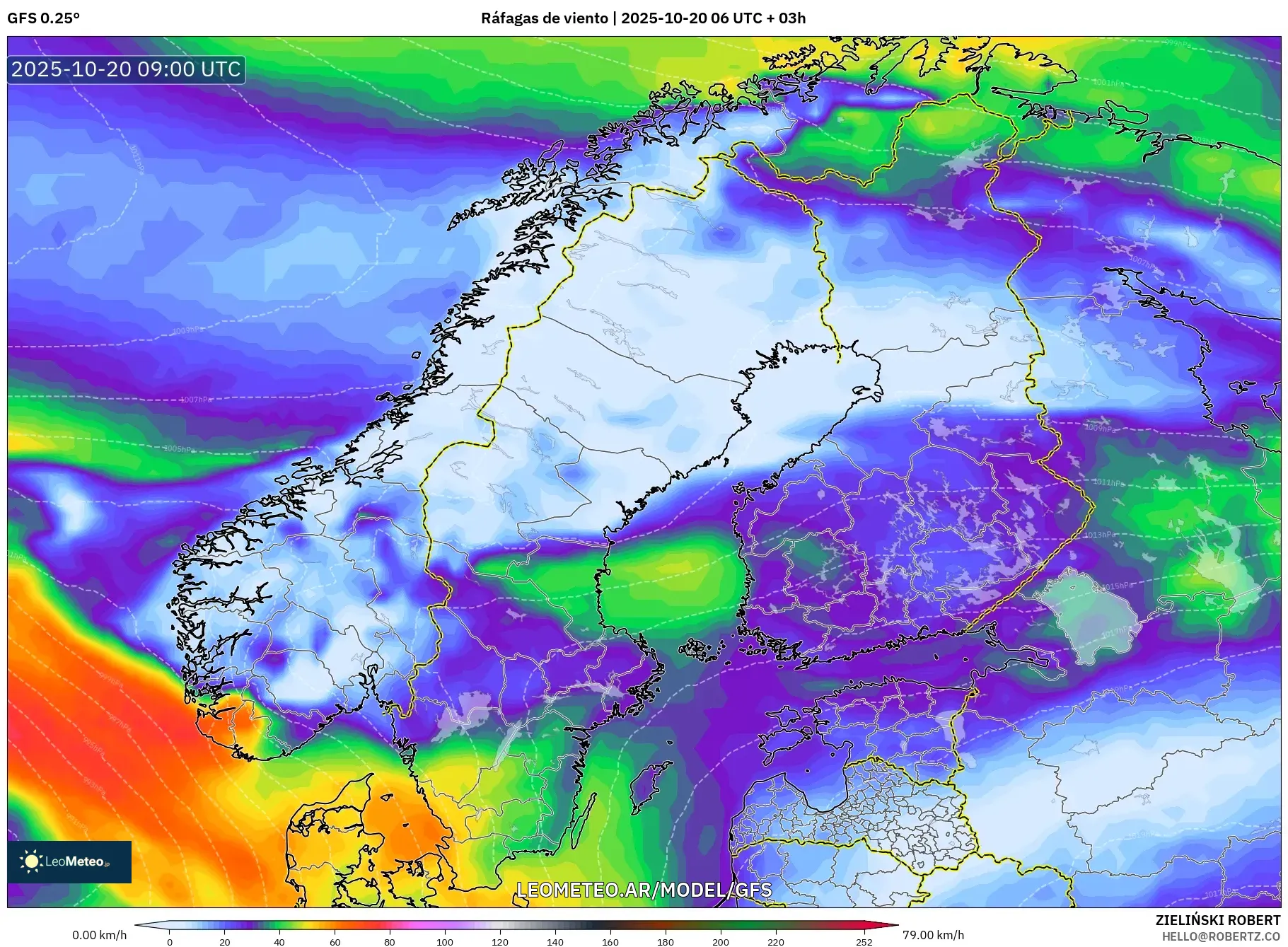 GFS model - Escandinavia, Ráfagas de viento GFS model - Escandinavia, Ráfagas de viento