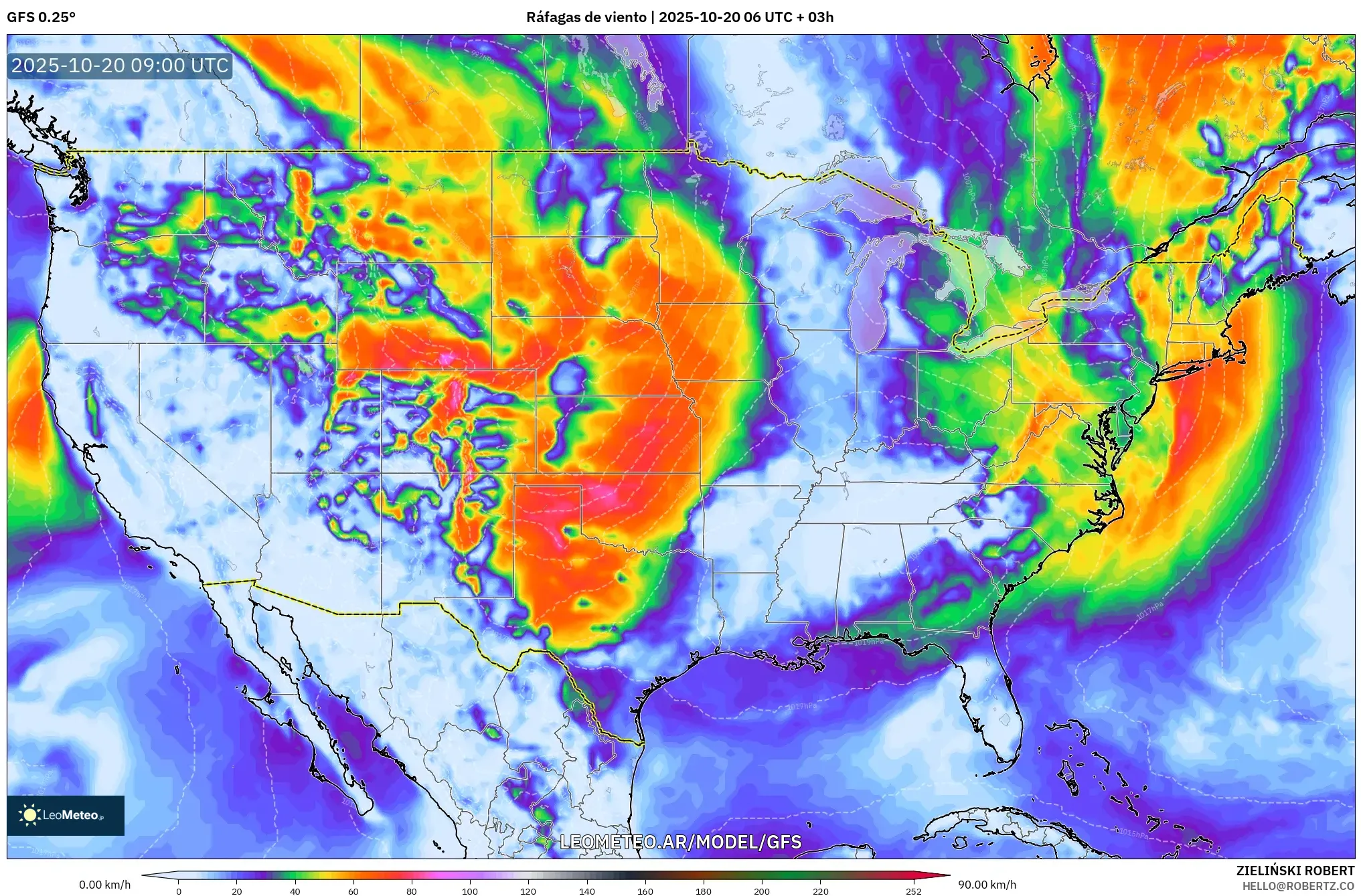 GFS model - Estados Unidos, Ráfagas de viento GFS model - Estados Unidos, Ráfagas de viento