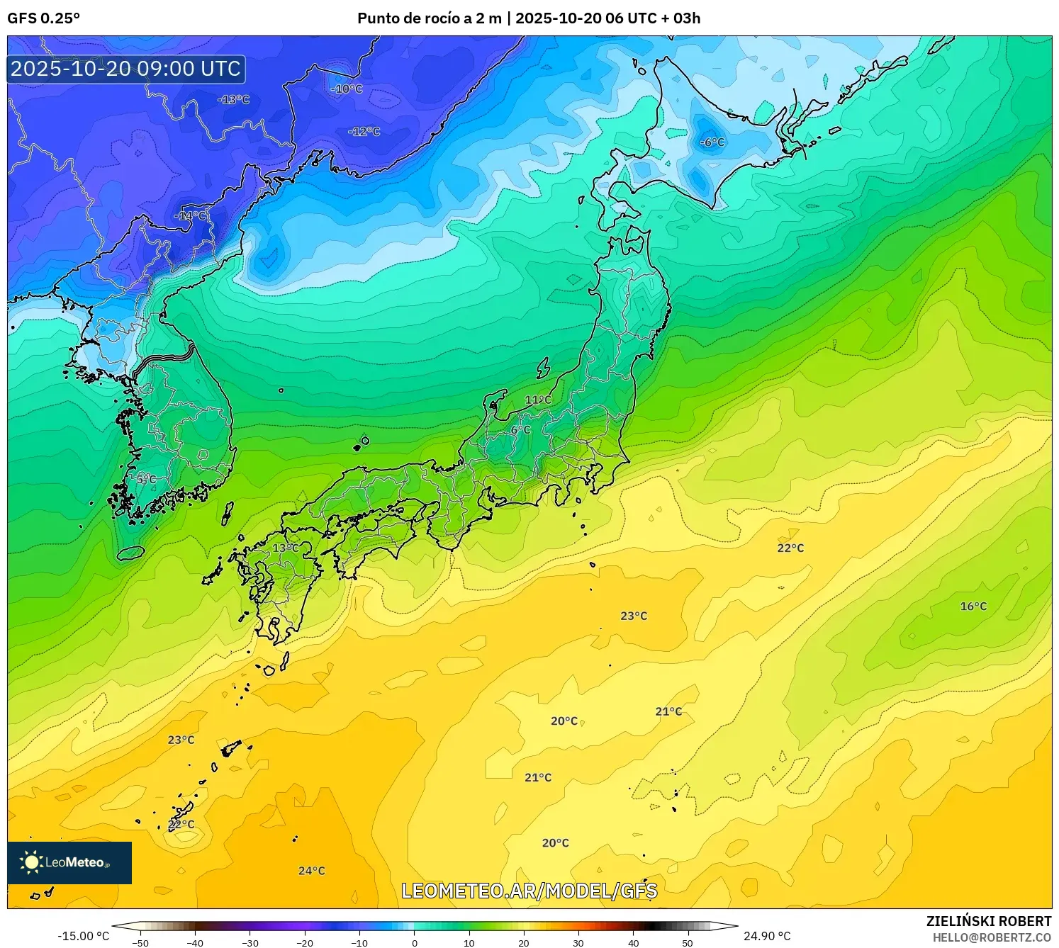GFS model - Japón, Punto de rocío a 2 m GFS model - Japón, Punto de rocío a 2 m