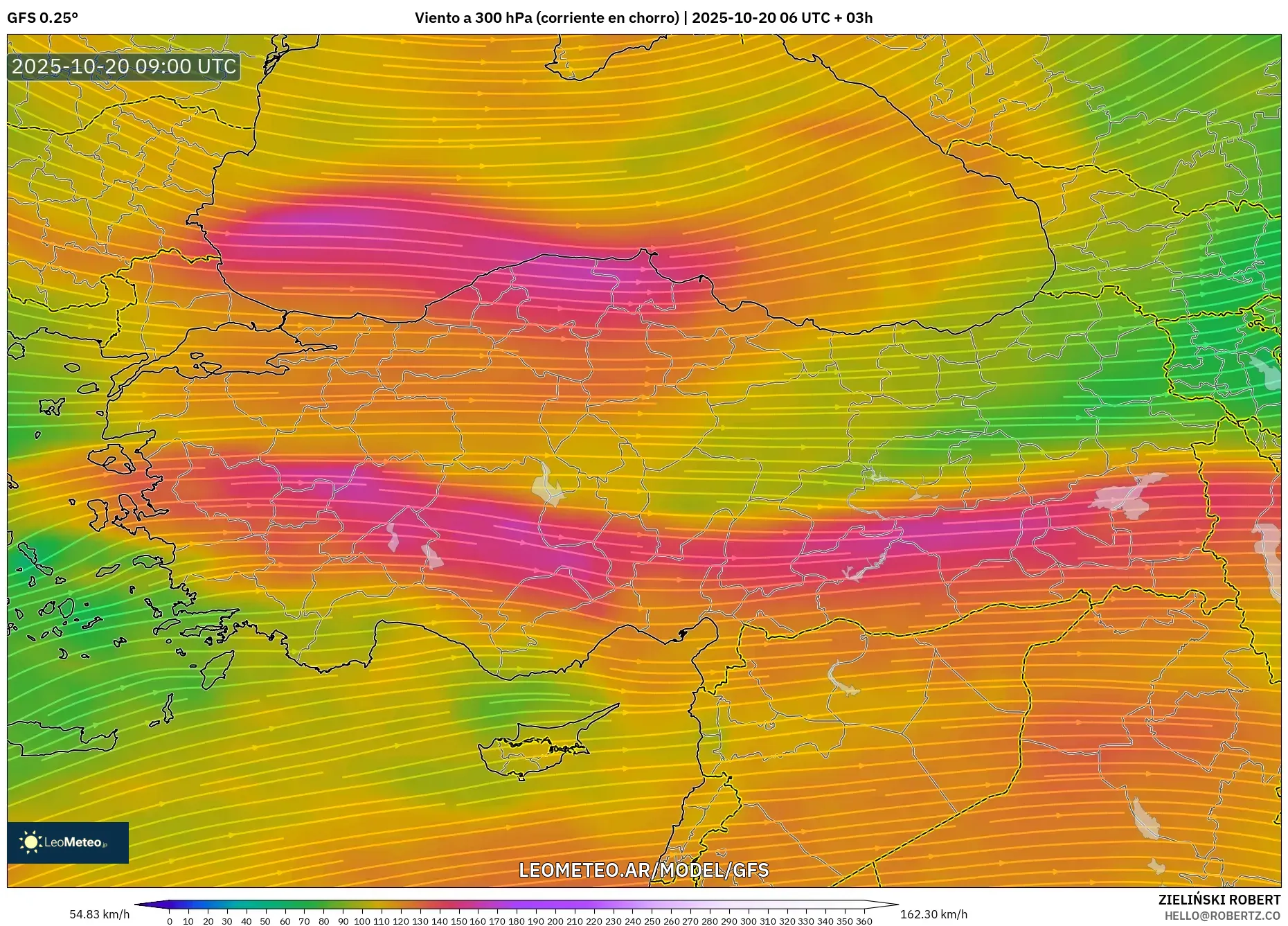 GFS model - Turquía, Viento a 300 hPa (corriente en chorro) GFS model - Turquía, Viento a 300 hPa (corriente en chorro)
