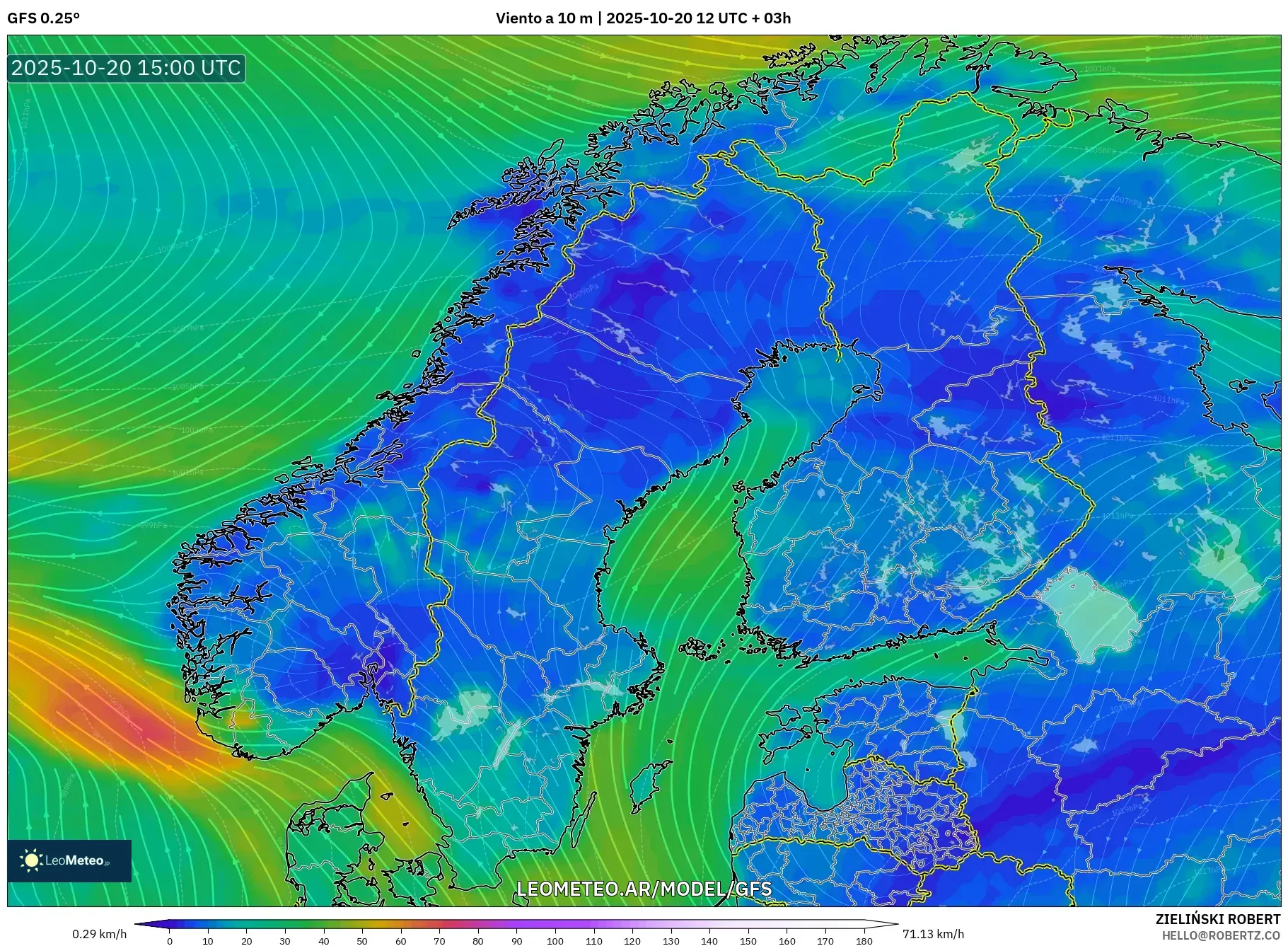 GFS model - Escandinavia, Viento a 10 m GFS model - Escandinavia, Viento a 10 m