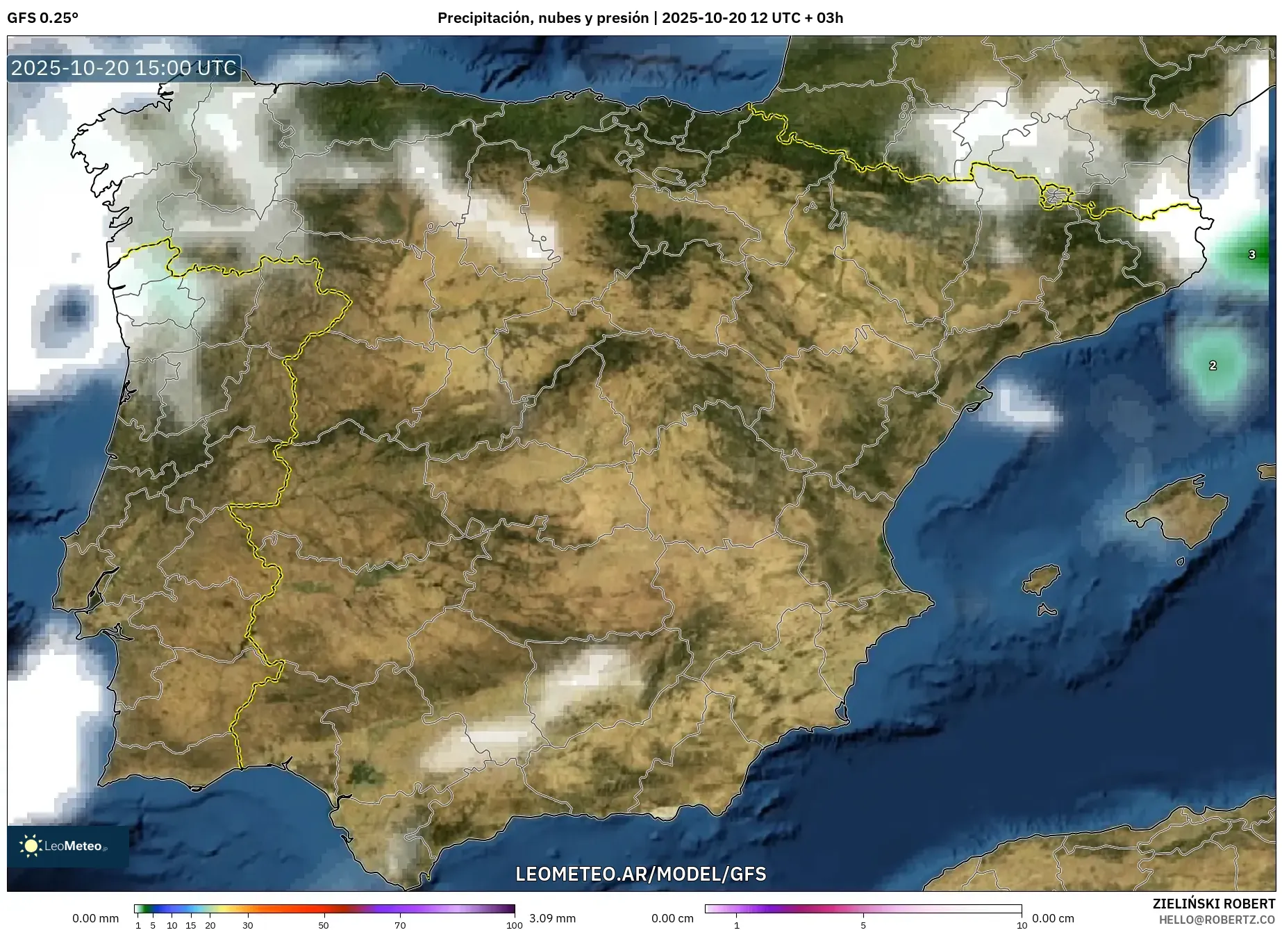GFS model - España, Precipitación, nubes y presión GFS model - España, Precipitación, nubes y presión