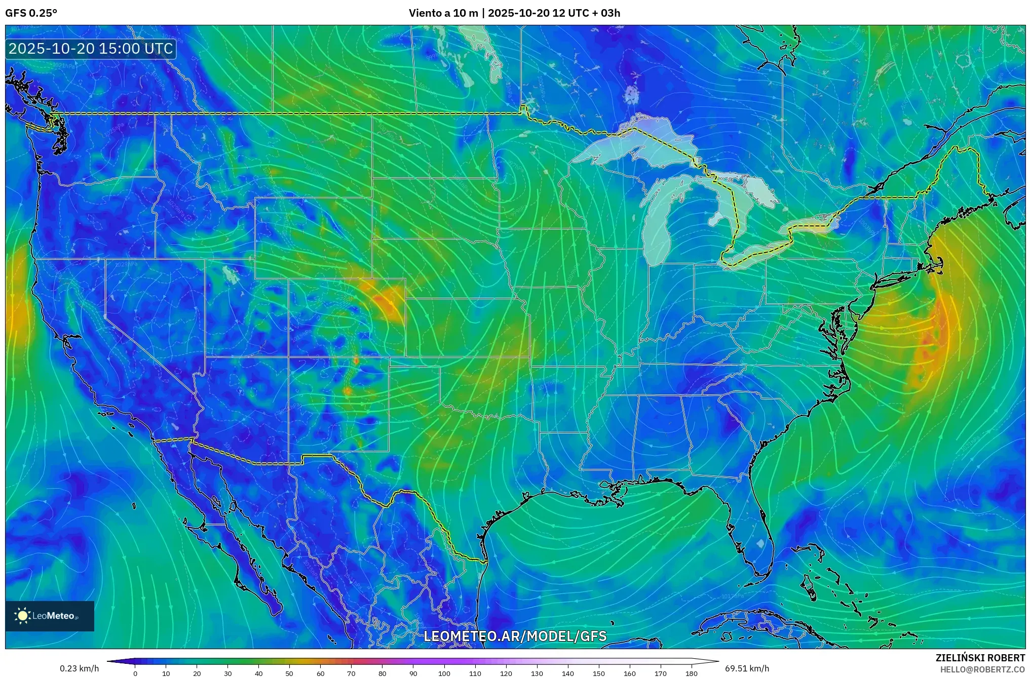 GFS model - Estados Unidos, Viento a 10 m