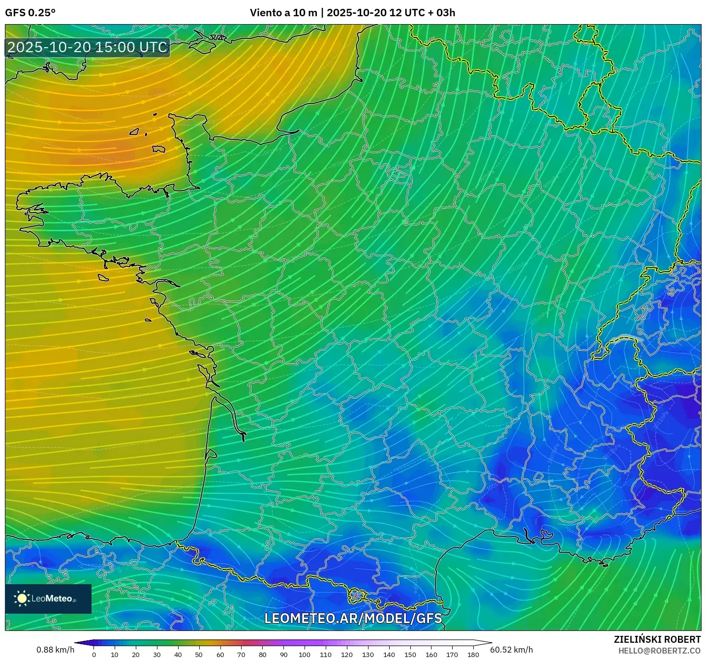 GFS model - Francia, Viento a 10 m