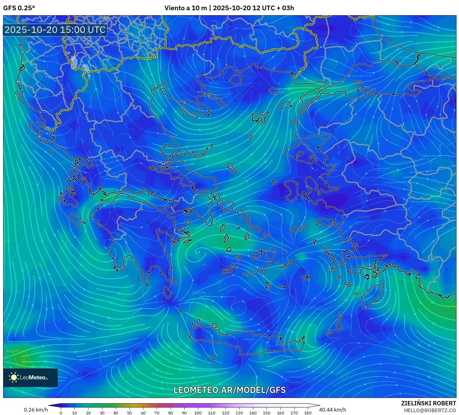 GFS model - Grecia, Viento a 10 m GFS model - Grecia, Viento a 10 m