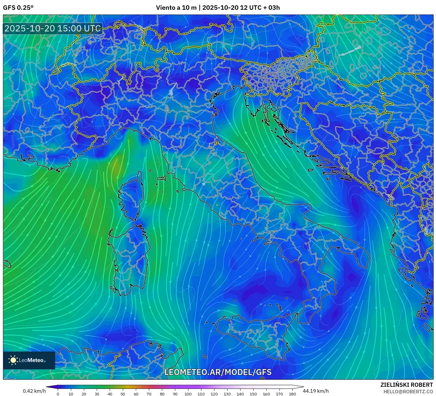 GFS model - Italia, Viento a 10 m
