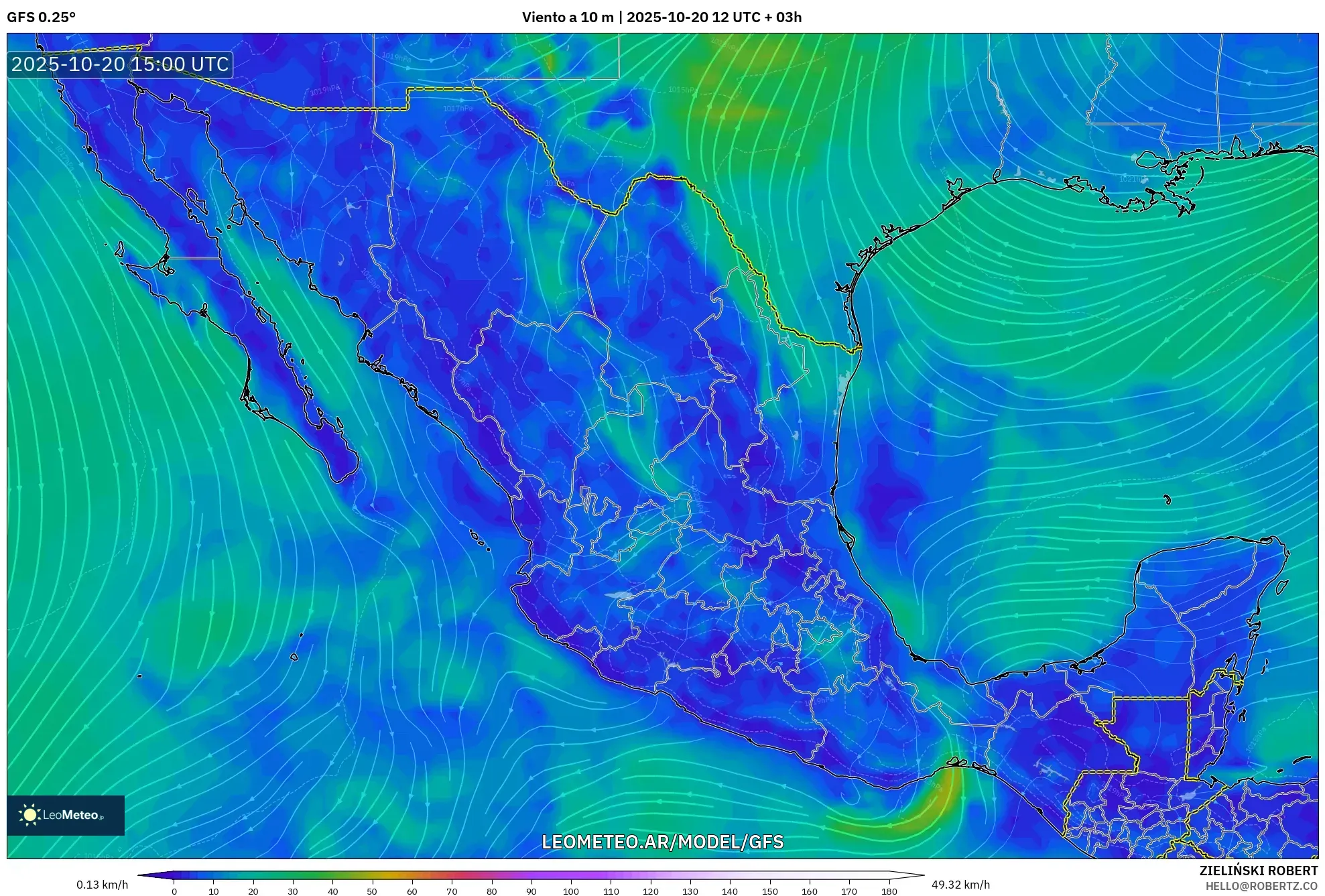GFS model - México, Viento a 10 m GFS model - México, Viento a 10 m