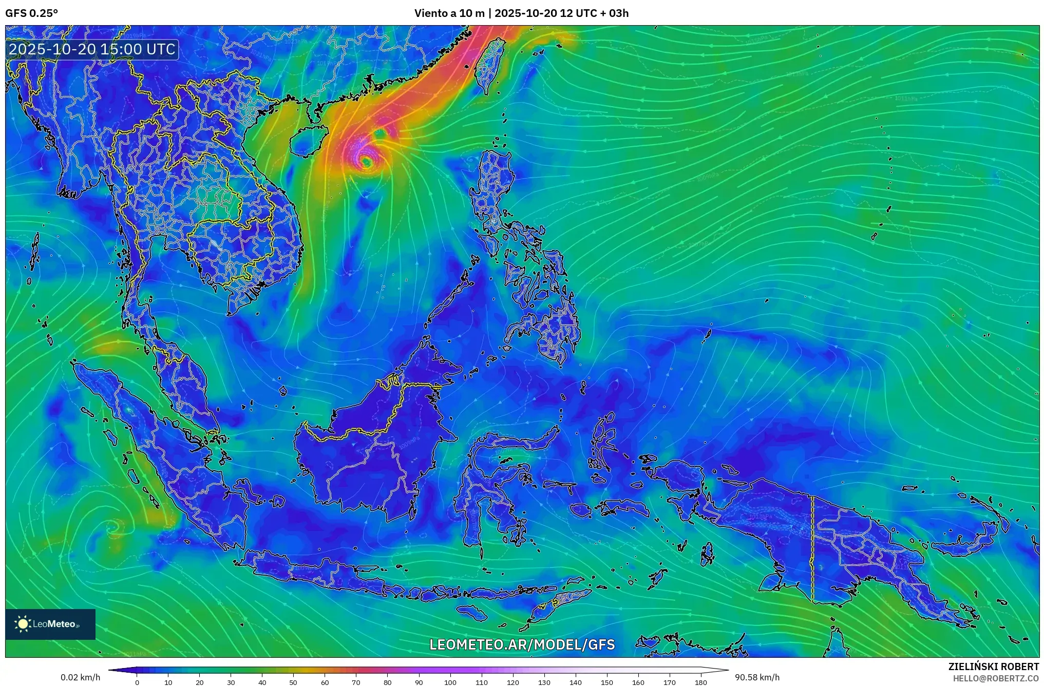 GFS model - Sudeste Asiático, Viento a 10 m