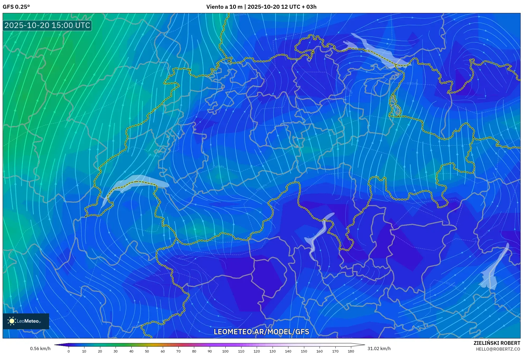 GFS model - Suiza, Viento a 10 m