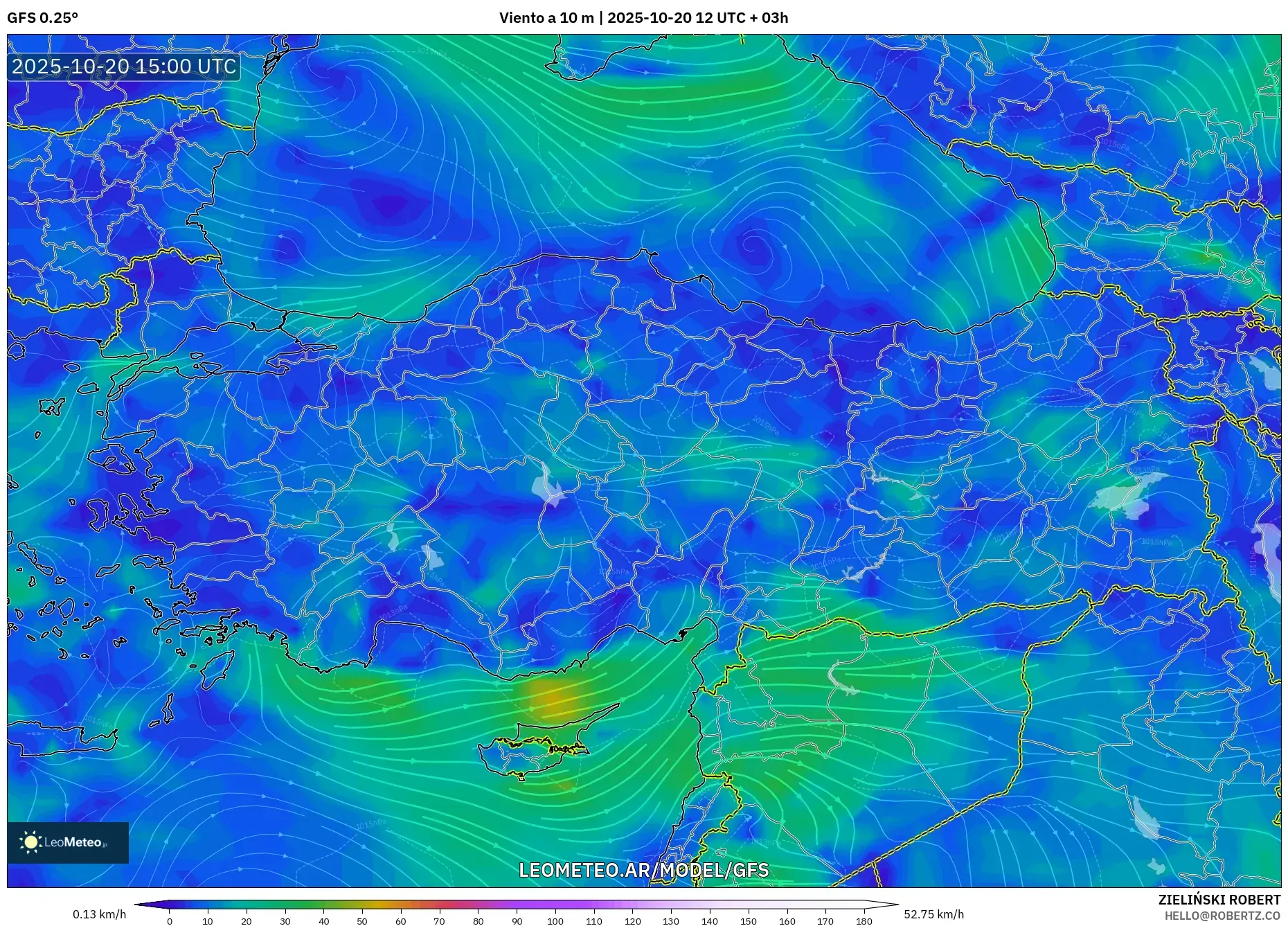 GFS model - Turquía, Viento a 10 m GFS model - Turquía, Viento a 10 m