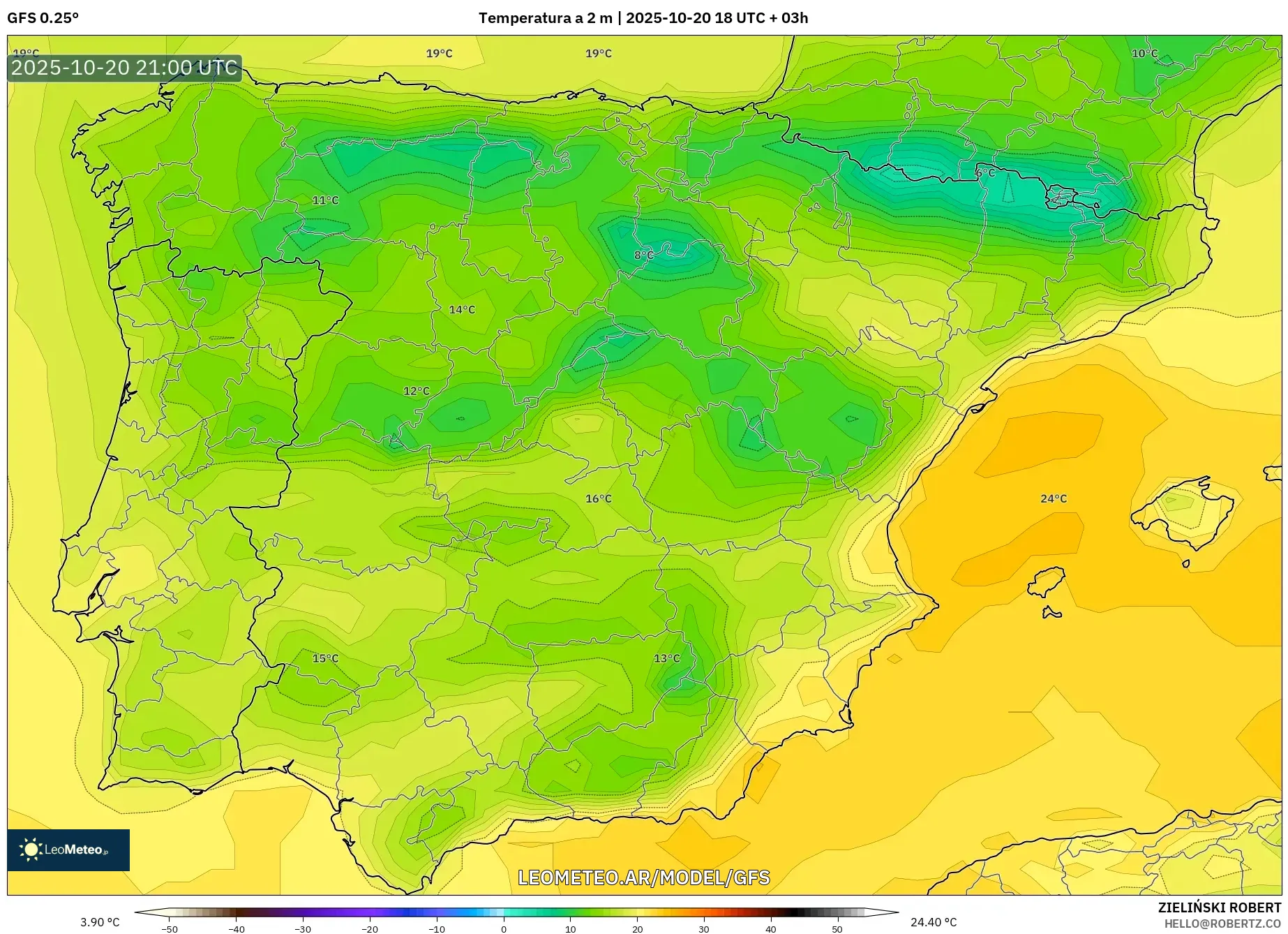 GFS model - España, Temperatura a 2 m GFS model - España, Temperatura a 2 m