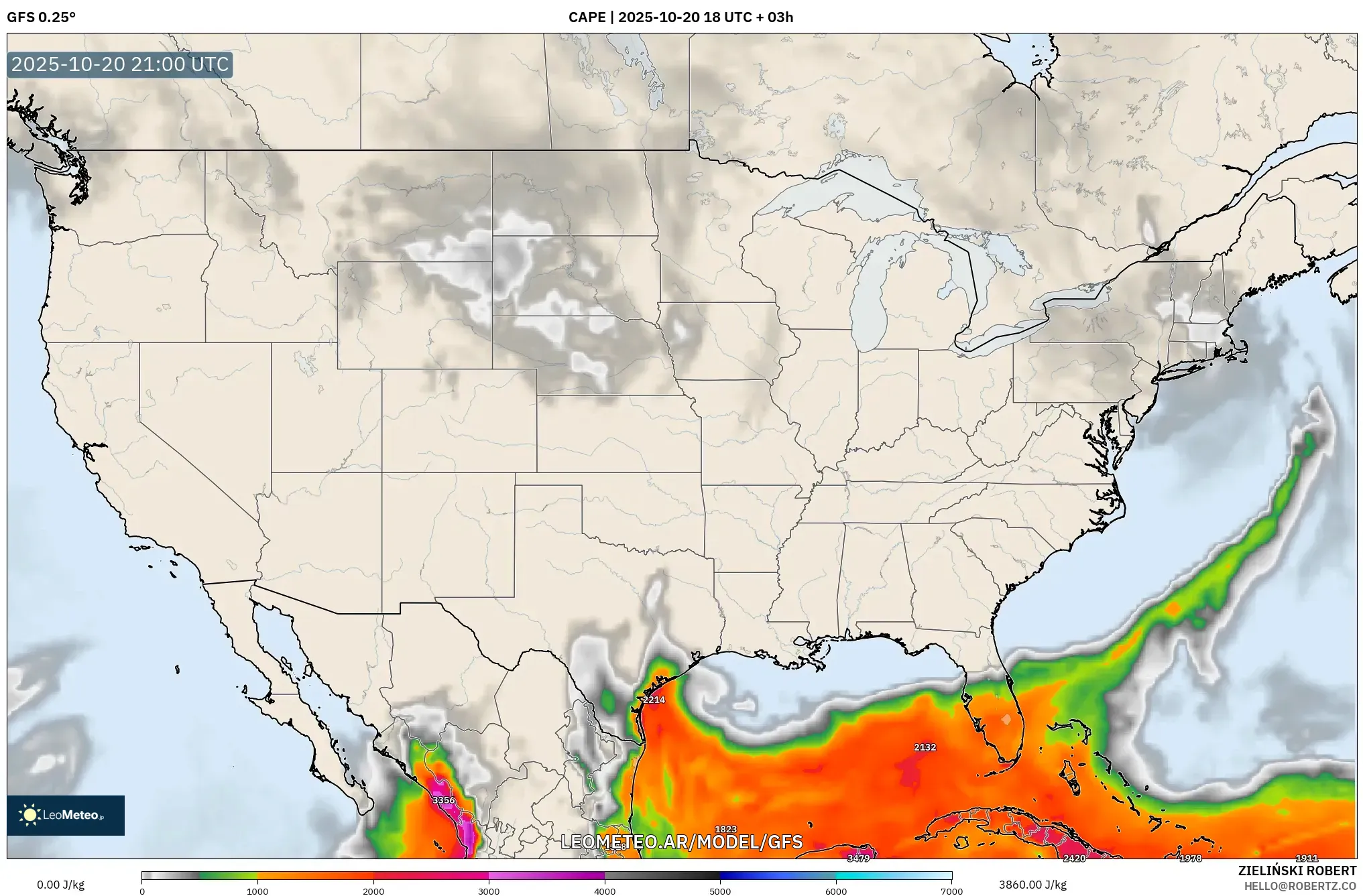 GFS model - Estados Unidos, CAPE GFS model - Estados Unidos, CAPE