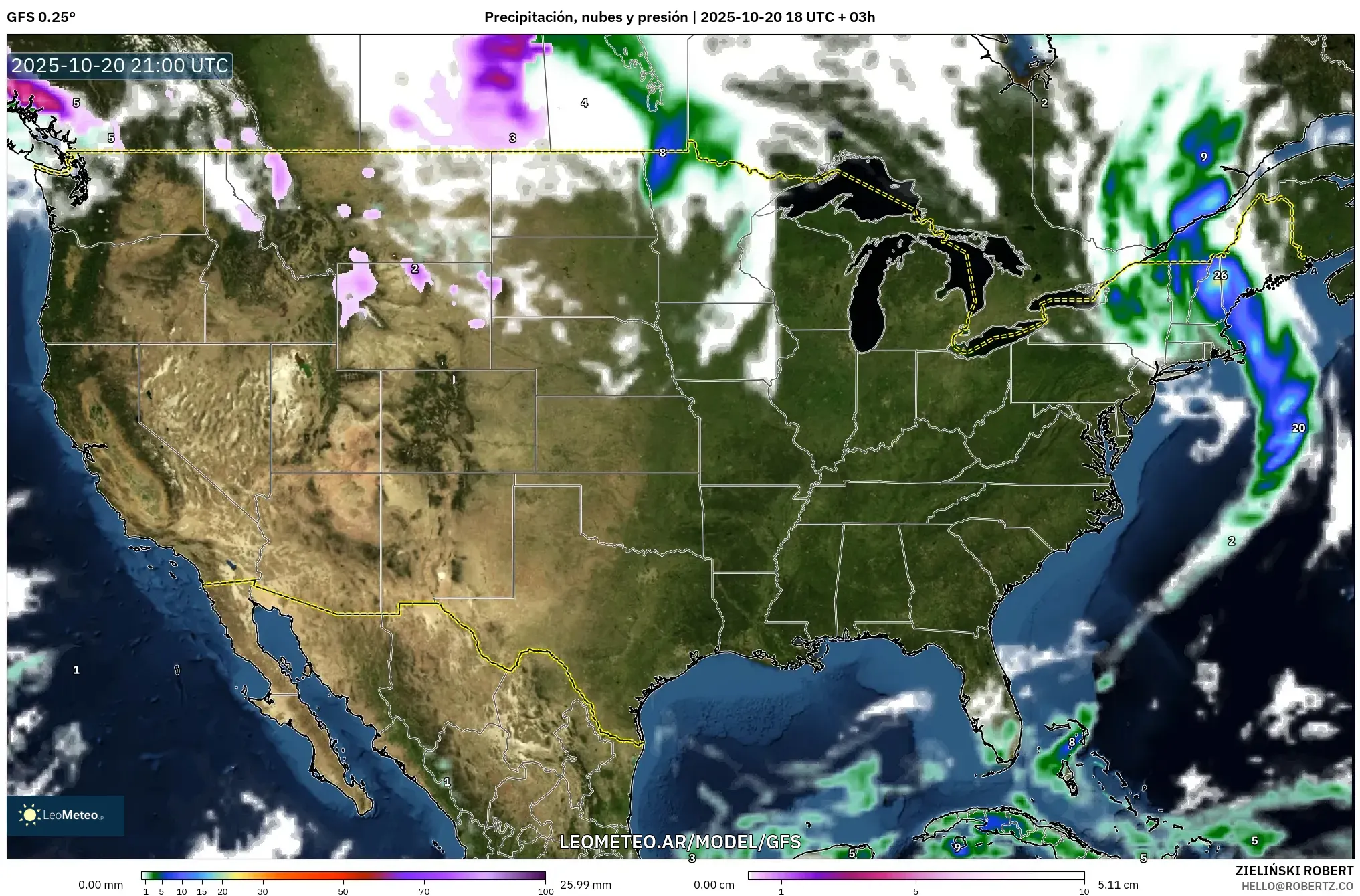 GFS model - Estados Unidos, Precipitación, nubes y presión GFS model - Estados Unidos, Precipitación, nubes y presión