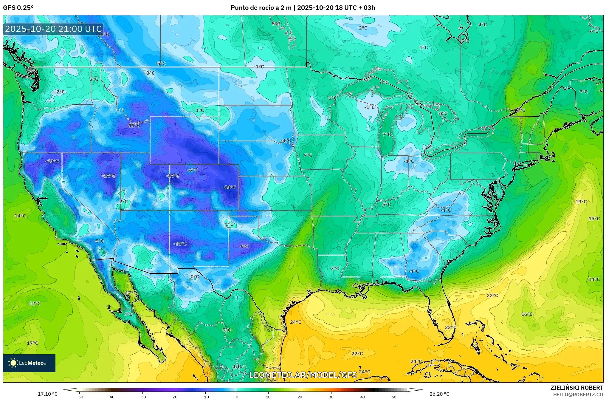 GFS model - Estados Unidos, Punto de rocío a 2 m GFS model - Estados Unidos, Punto de rocío a 2 m