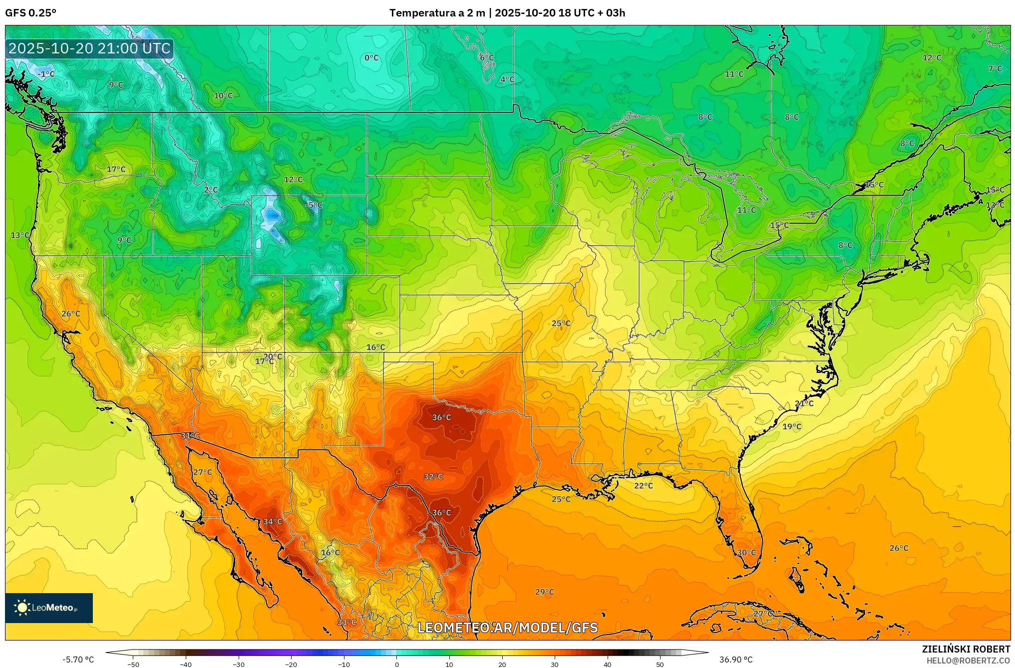 GFS model - Estados Unidos, Temperatura a 2 m