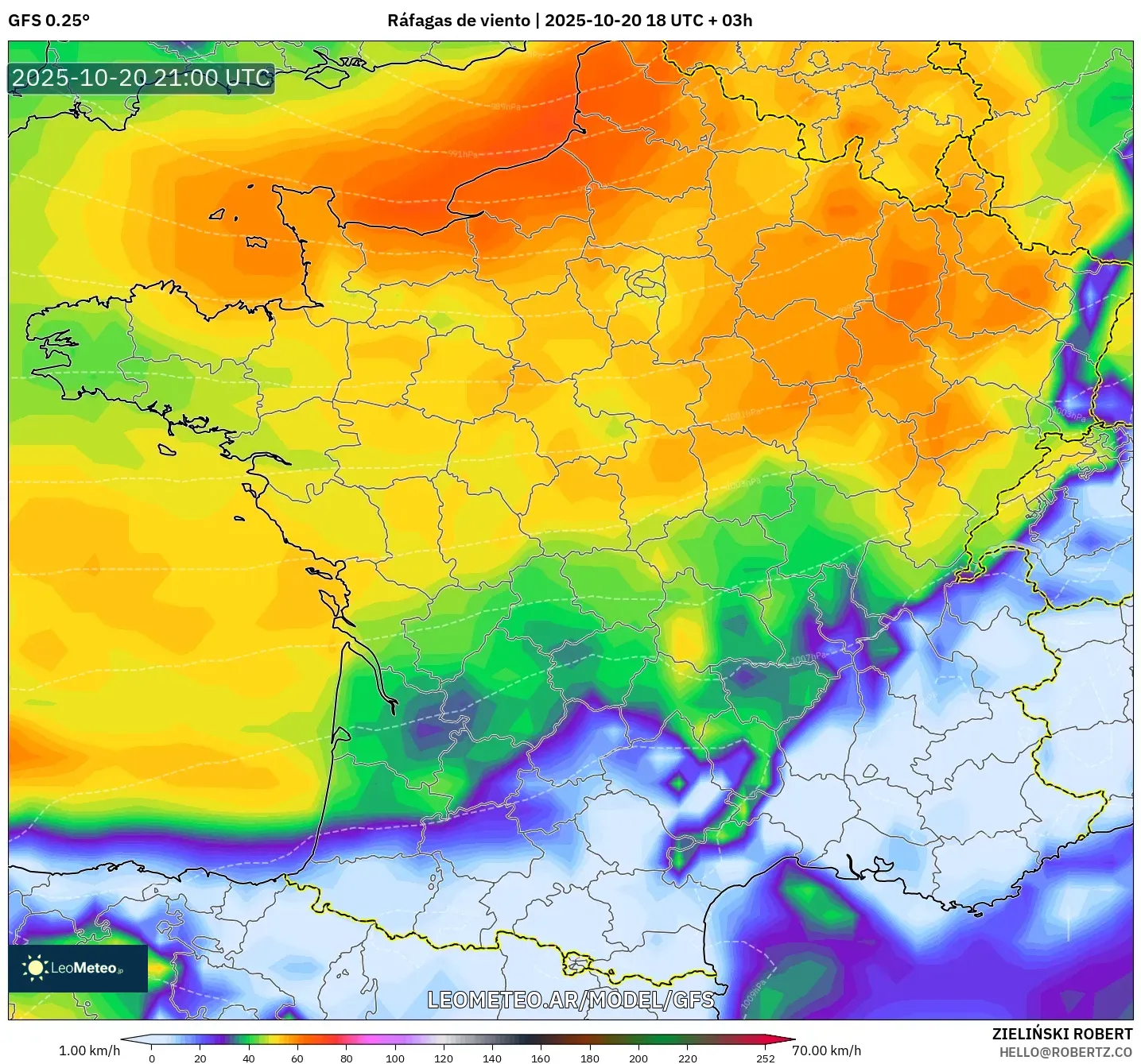 GFS model - Francia, Ráfagas de viento GFS model - Francia, Ráfagas de viento