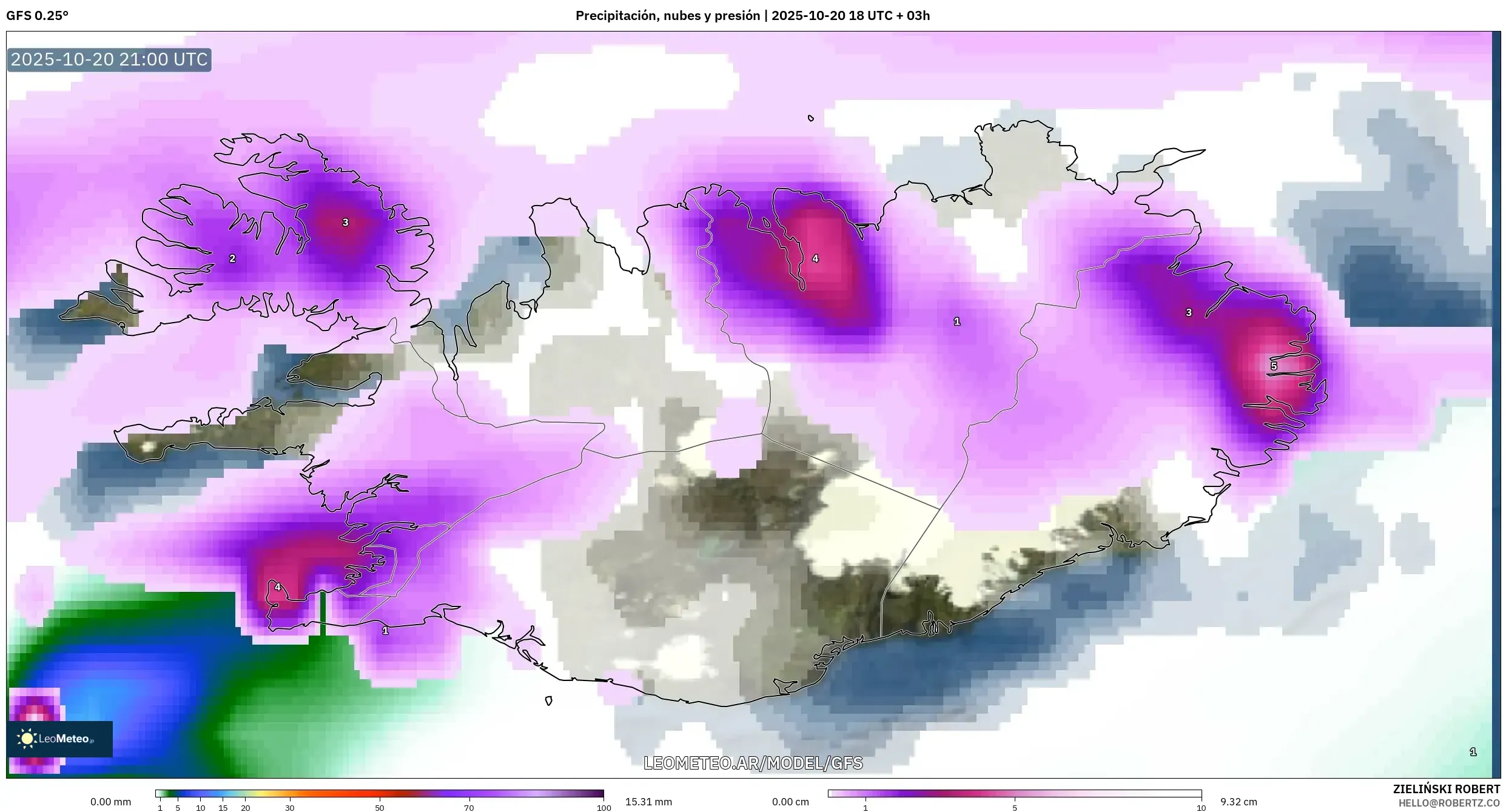 GFS model - Islandia, Precipitación, nubes y presión GFS model - Islandia, Precipitación, nubes y presión