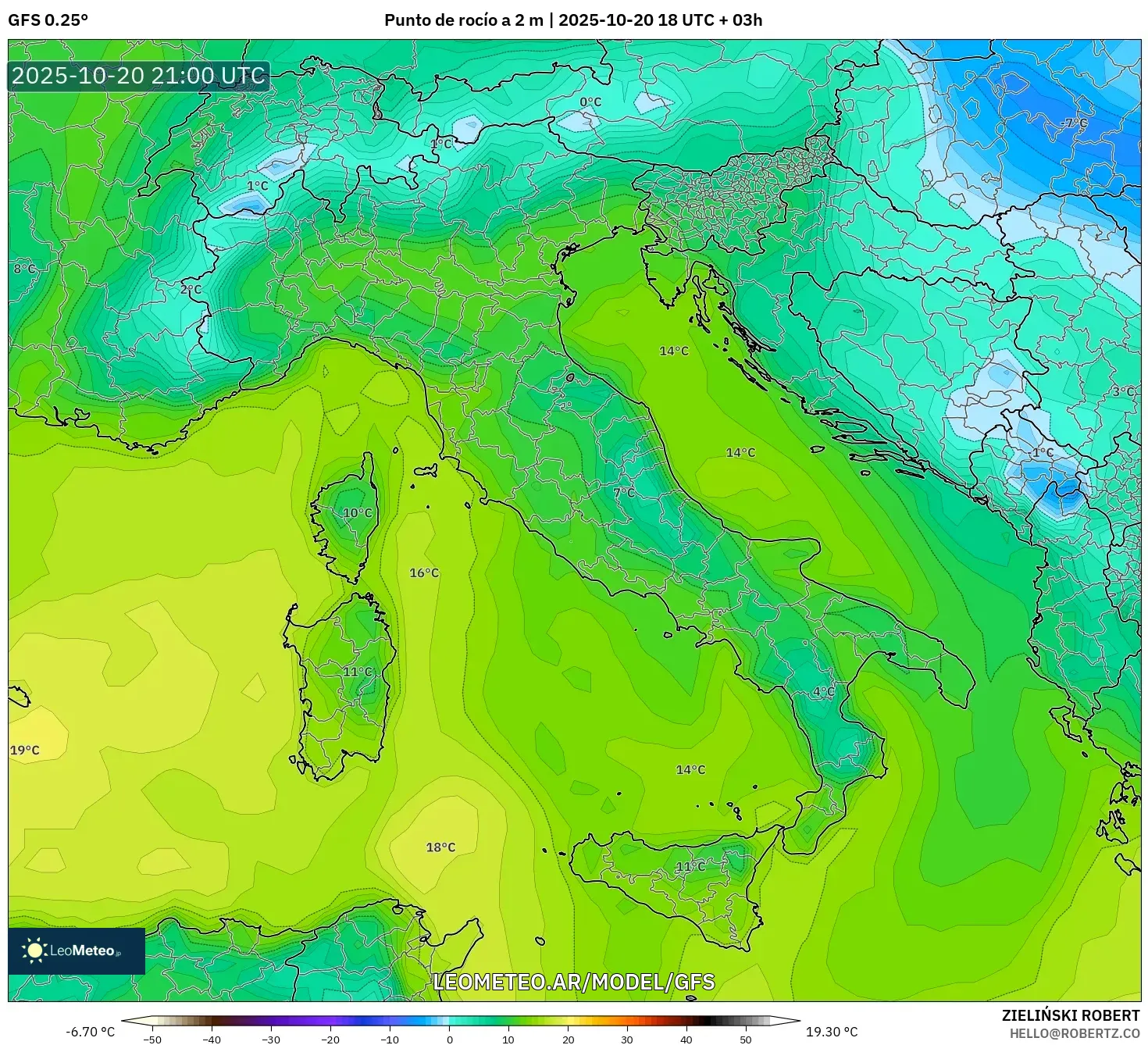 GFS model - Italia, Punto de rocío a 2 m GFS model - Italia, Punto de rocío a 2 m