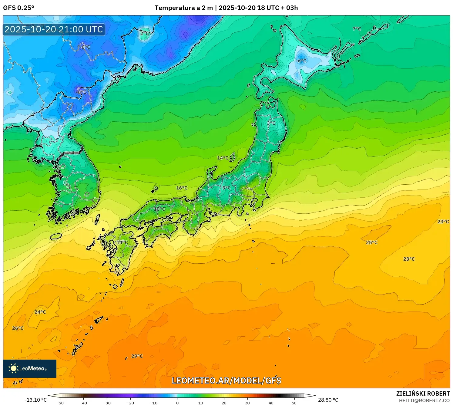 GFS model - Japón, Temperatura a 2 m GFS model - Japón, Temperatura a 2 m