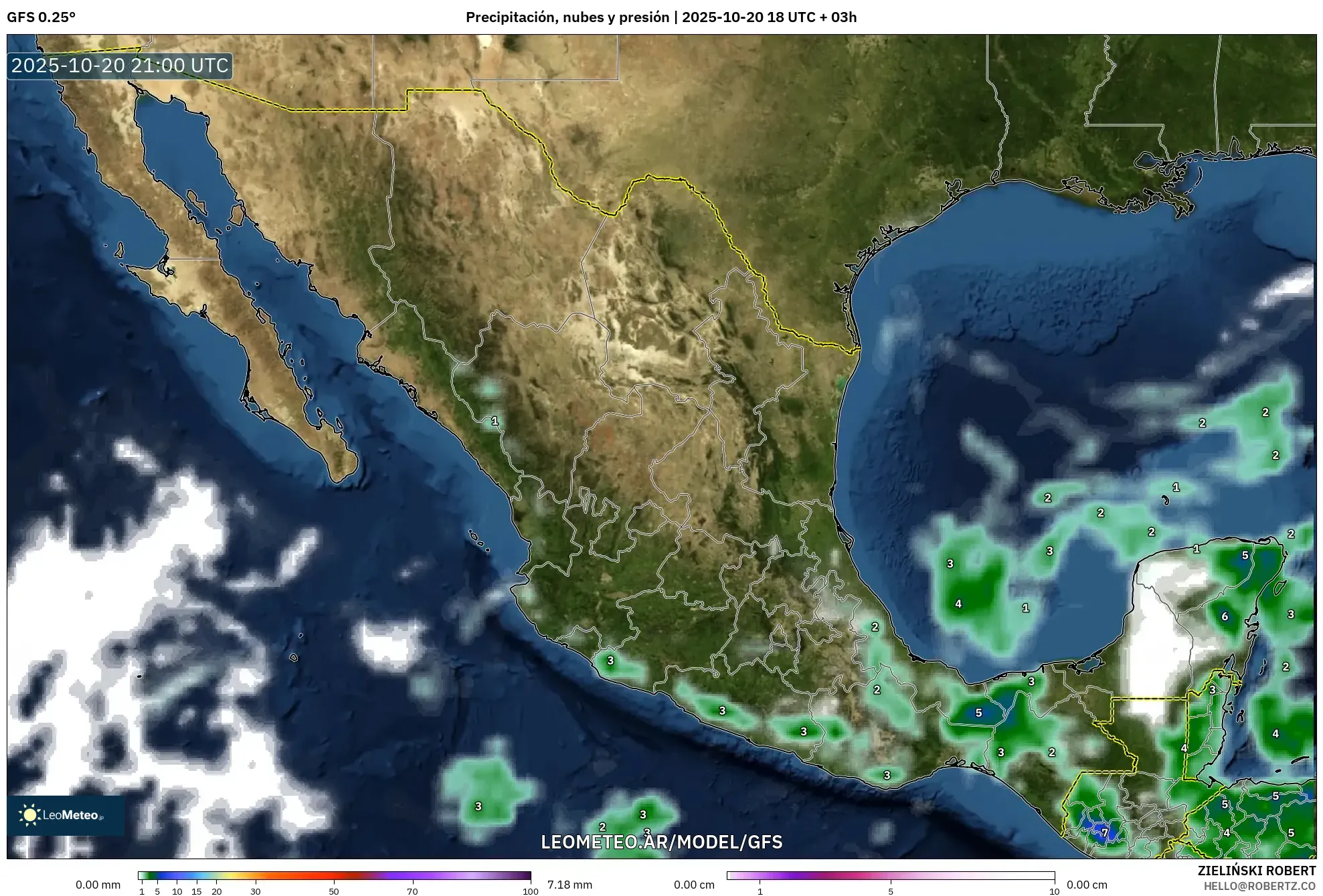 GFS model - México, Precipitación, nubes y presión GFS model - México, Precipitación, nubes y presión