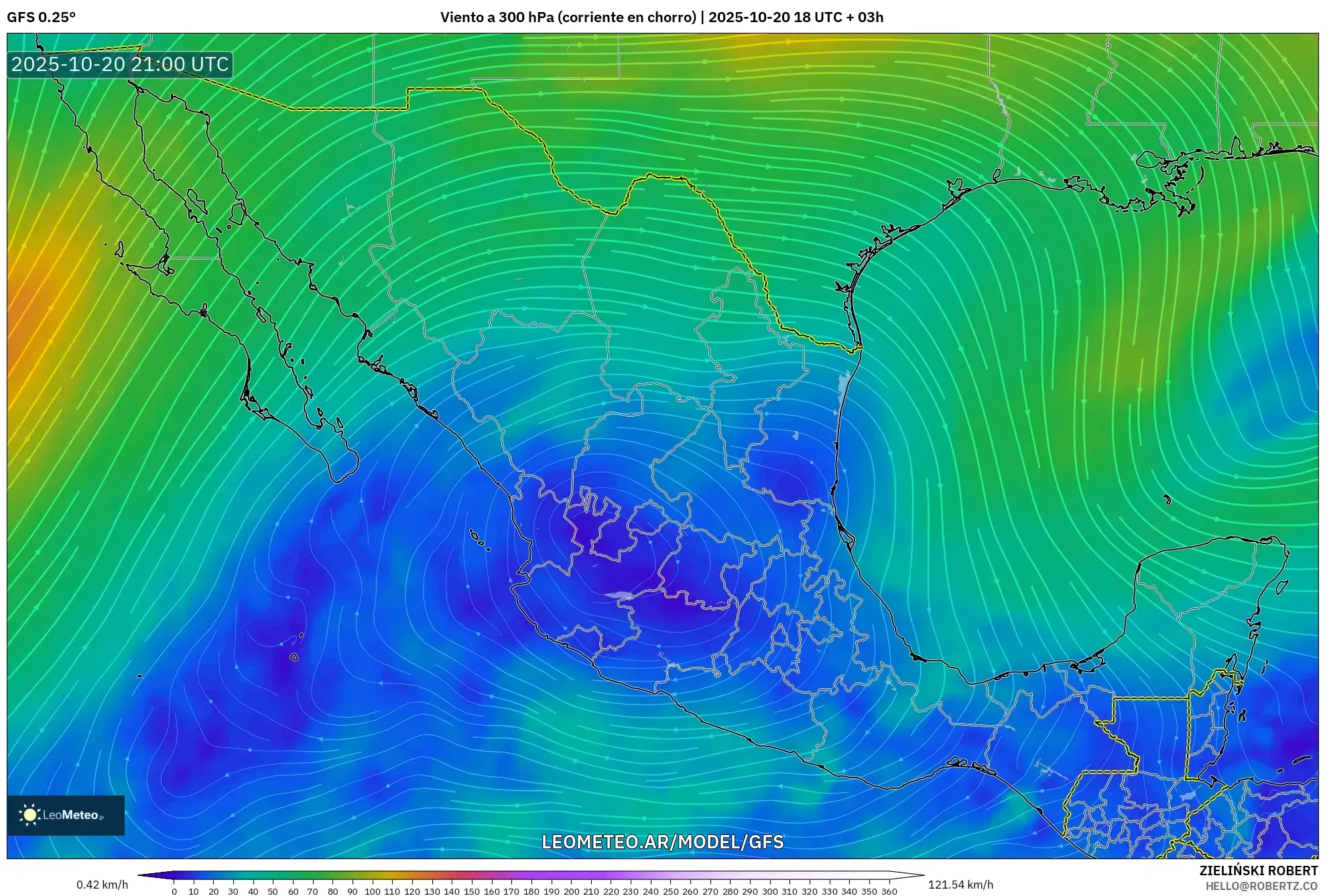 GFS model - México, Viento a 300 hPa (corriente en chorro) GFS model - México, Viento a 300 hPa (corriente en chorro)