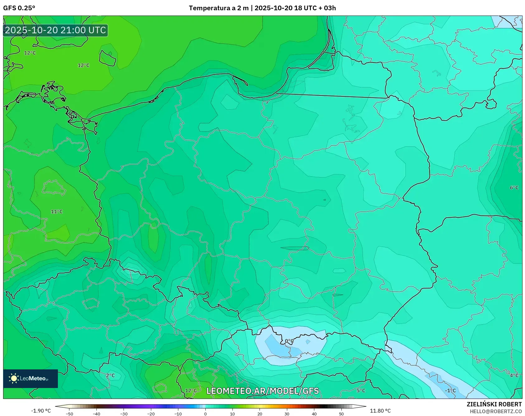 GFS model - Polonia, Temperatura a 2 m GFS model - Polonia, Temperatura a 2 m