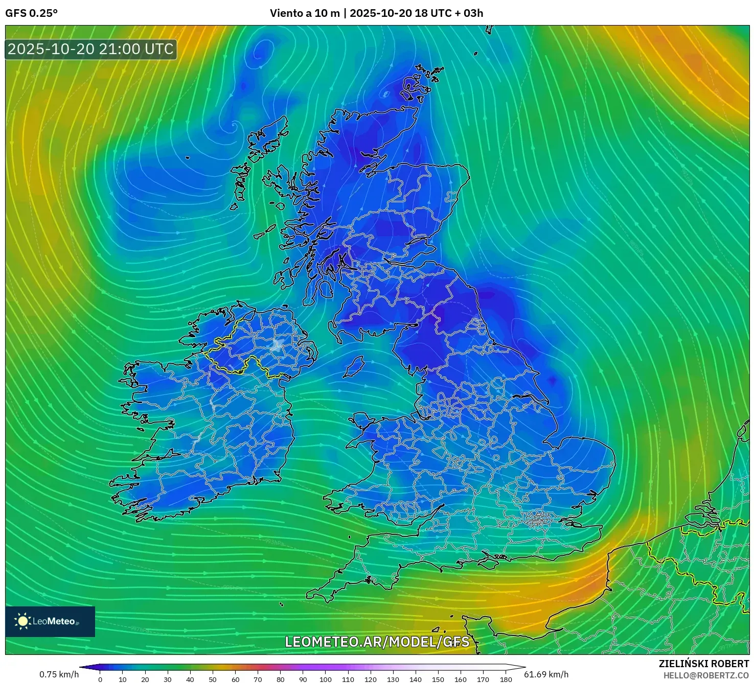 GFS model - Reino Unido, Viento a 10 m GFS model - Reino Unido, Viento a 10 m