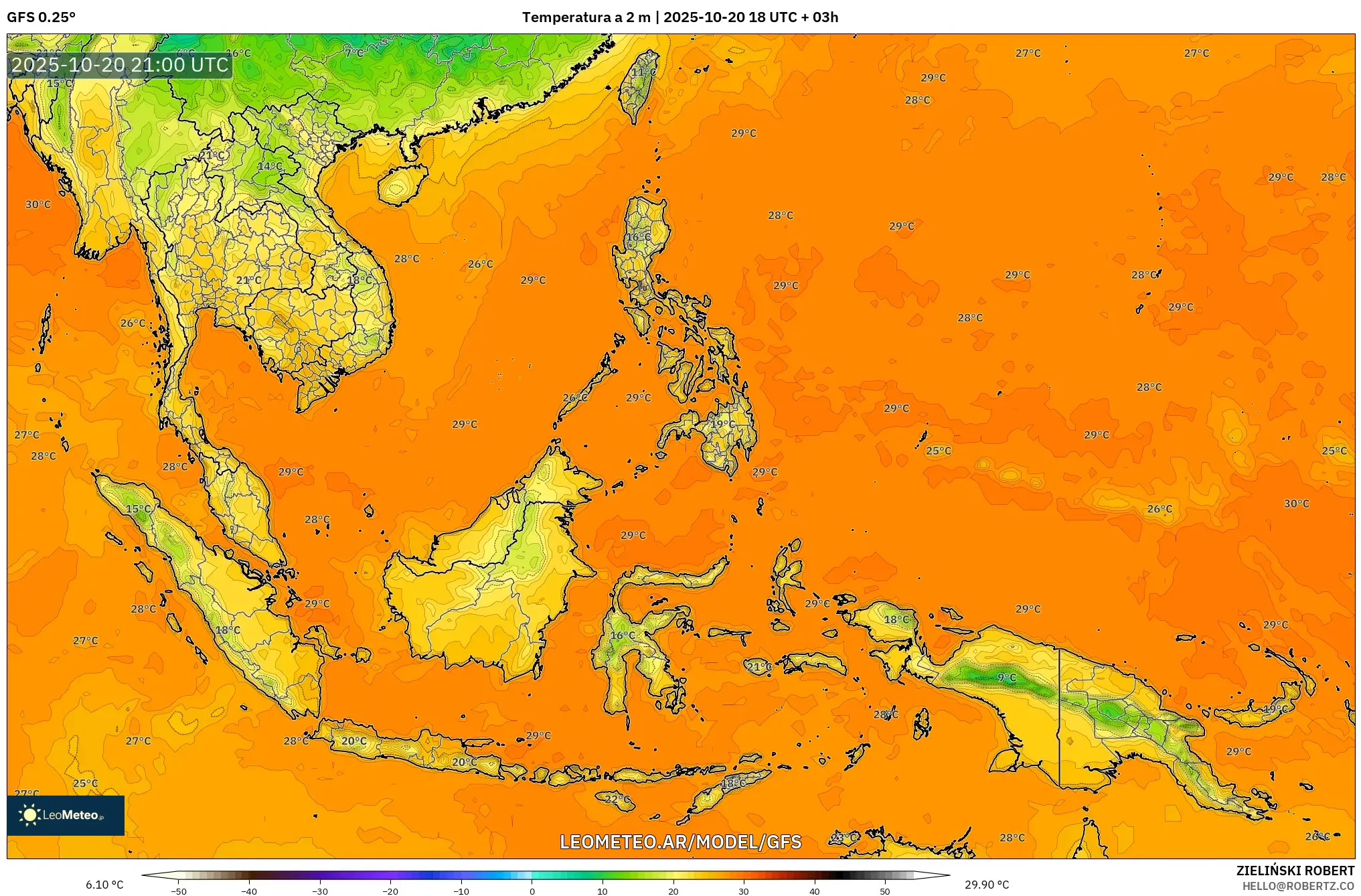 GFS model - Sudeste Asiático, Temperatura a 2 m GFS model - Sudeste Asiático, Temperatura a 2 m
