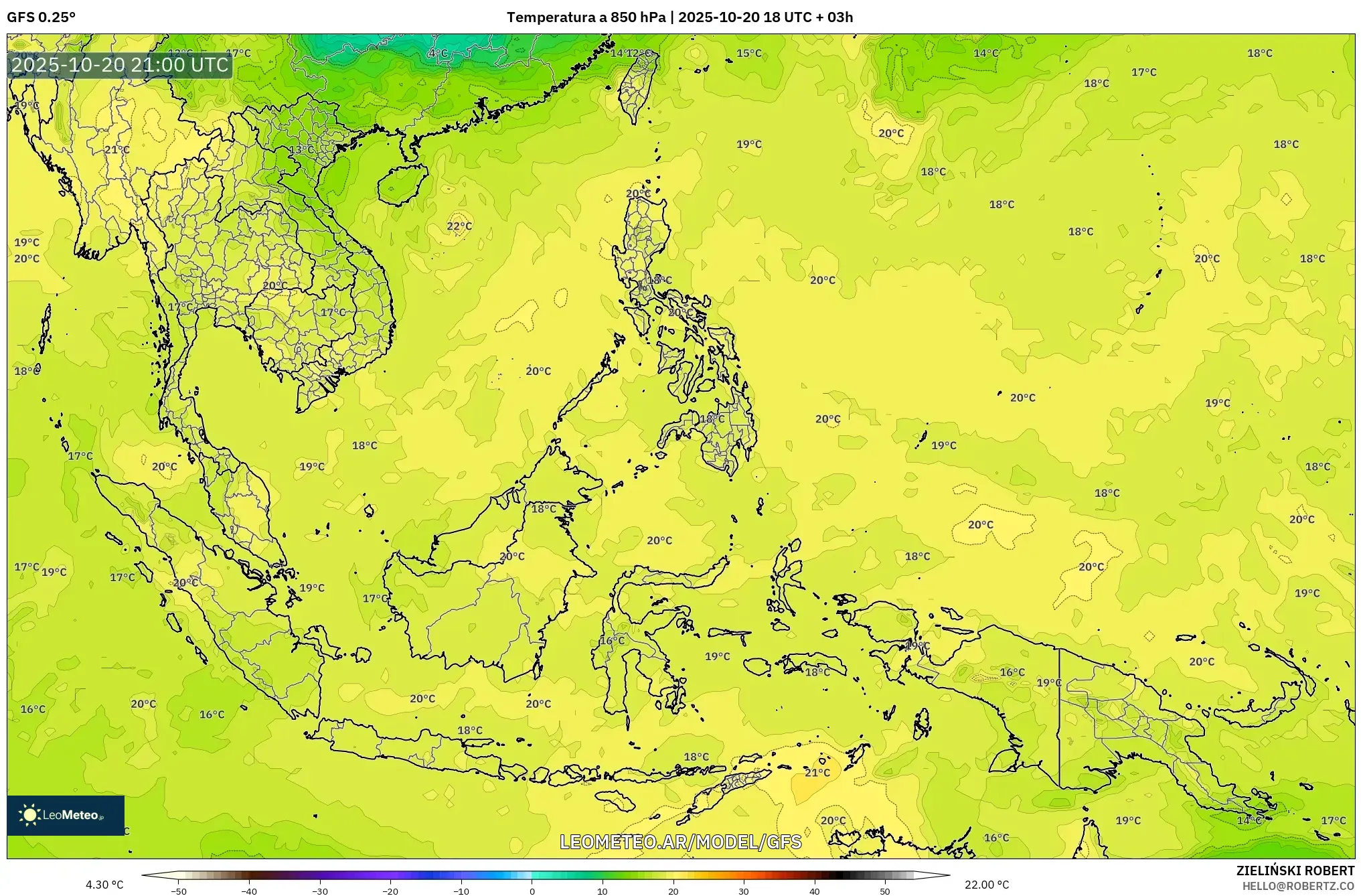 GFS model - Sudeste Asiático, Temperatura a 850 hPa
