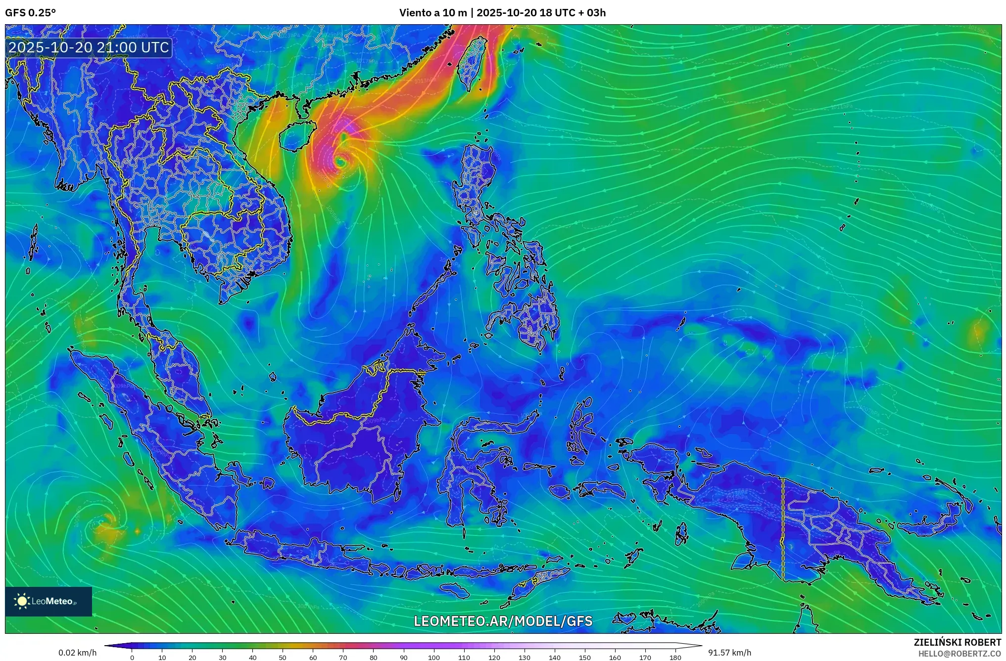 GFS model - Sudeste Asiático, Viento a 10 m GFS model - Sudeste Asiático, Viento a 10 m