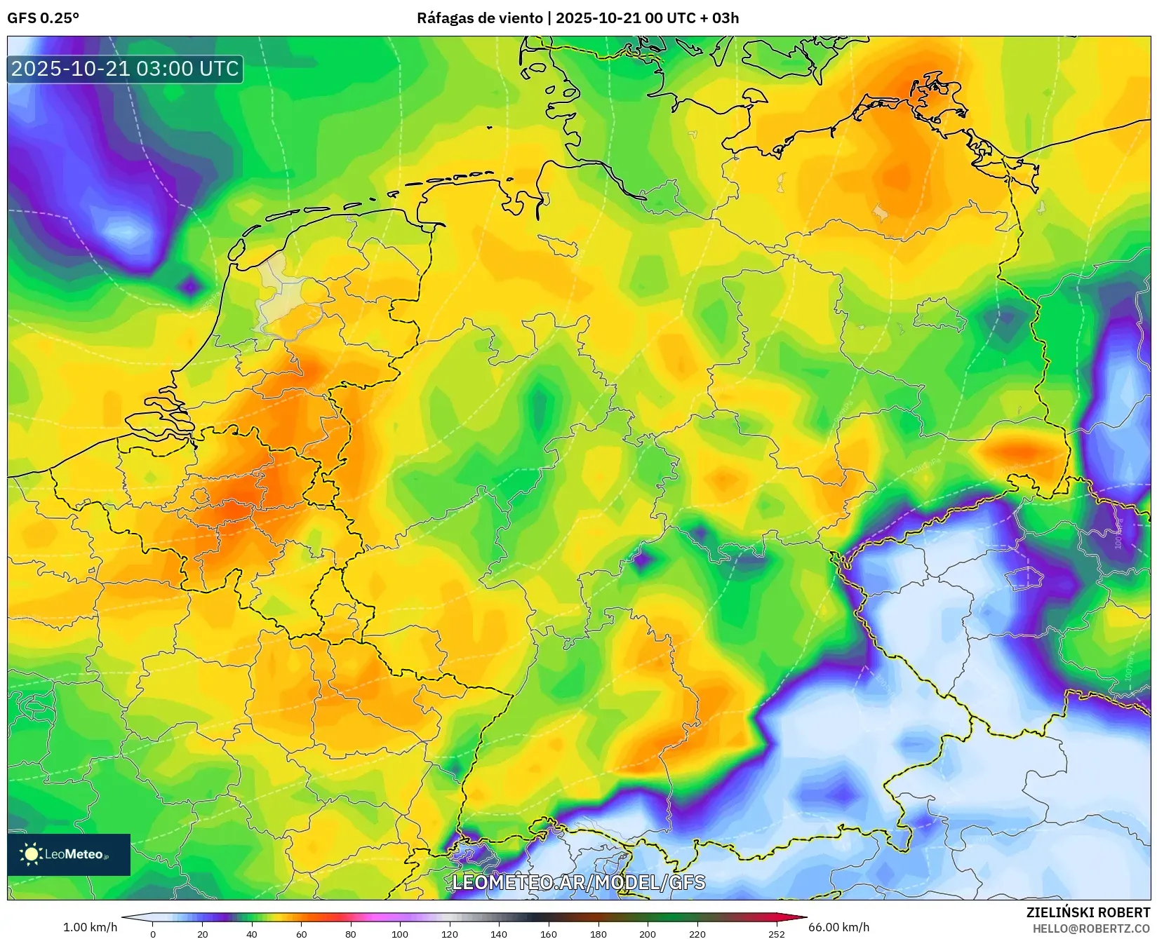 GFS model - Alemania, Ráfagas de viento GFS model - Alemania, Ráfagas de viento