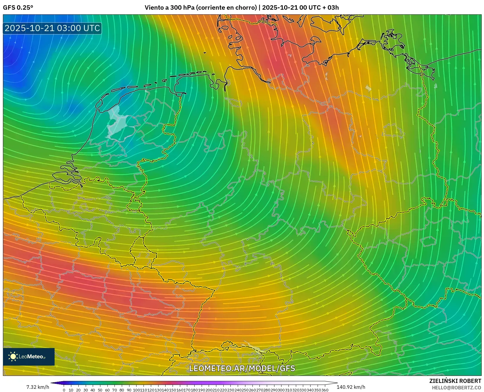 GFS model - Alemania, Viento a 300 hPa (corriente en chorro) GFS model - Alemania, Viento a 300 hPa (corriente en chorro)