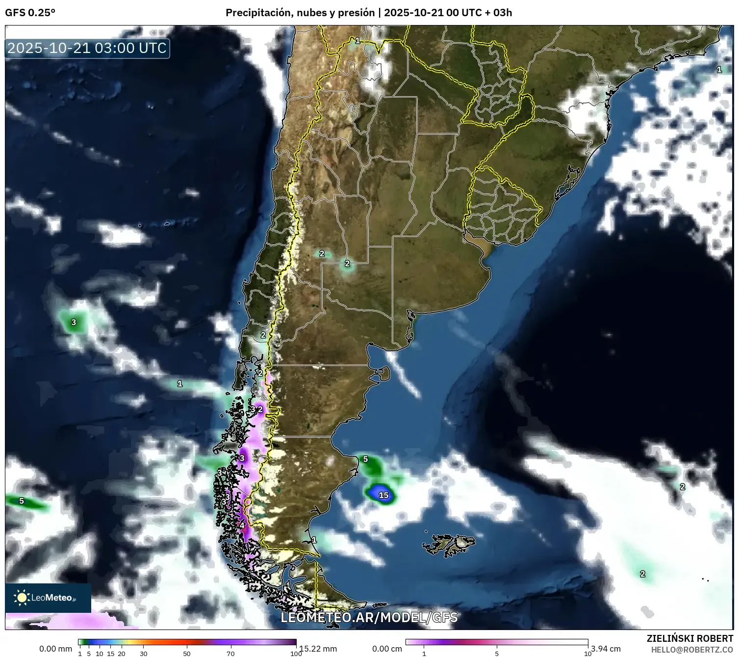 GFS model - Argentina, Precipitación, nubes y presión