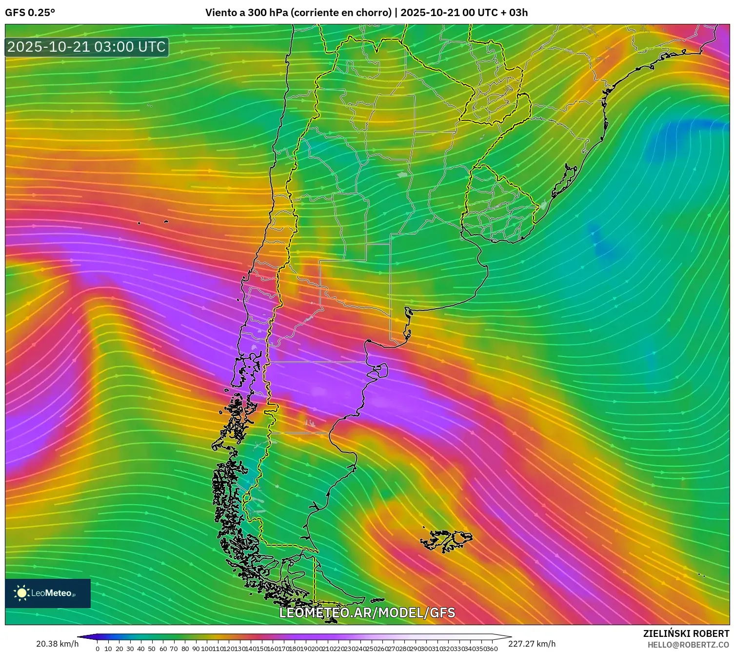 GFS model - Argentina, Viento a 300 hPa (corriente en chorro) GFS model - Argentina, Viento a 300 hPa (corriente en chorro)