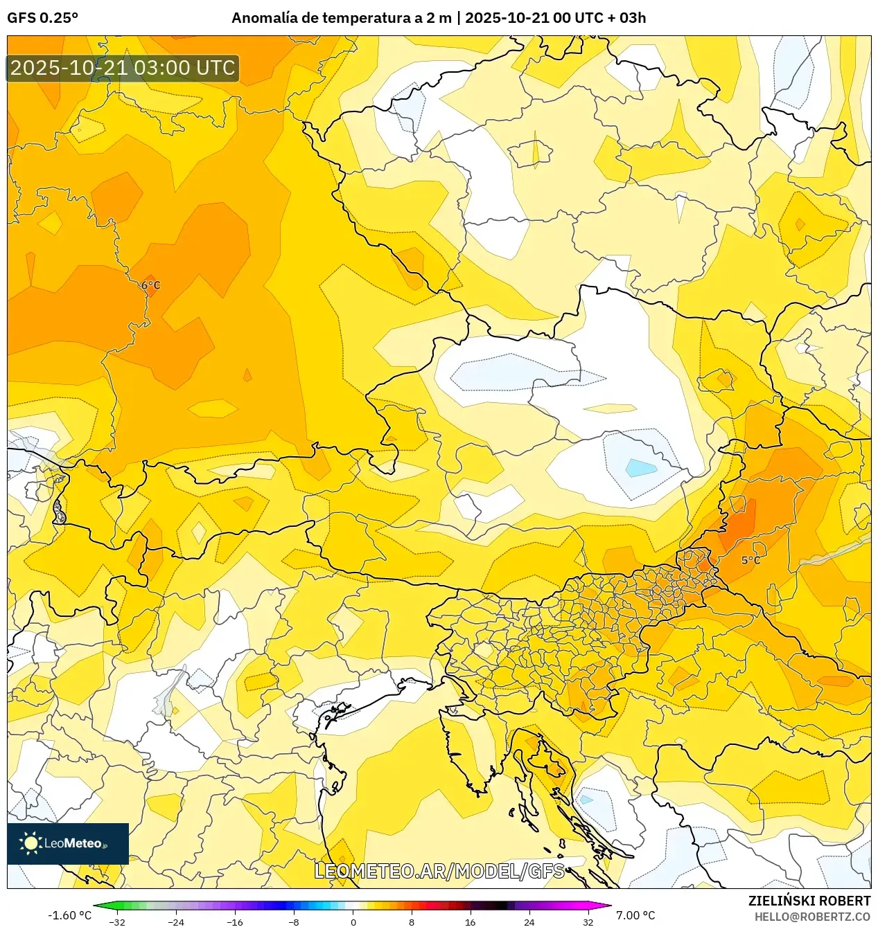 GFS model - Austria, Anomalía de temperatura a 2 m GFS model - Austria, Anomalía de temperatura a 2 m