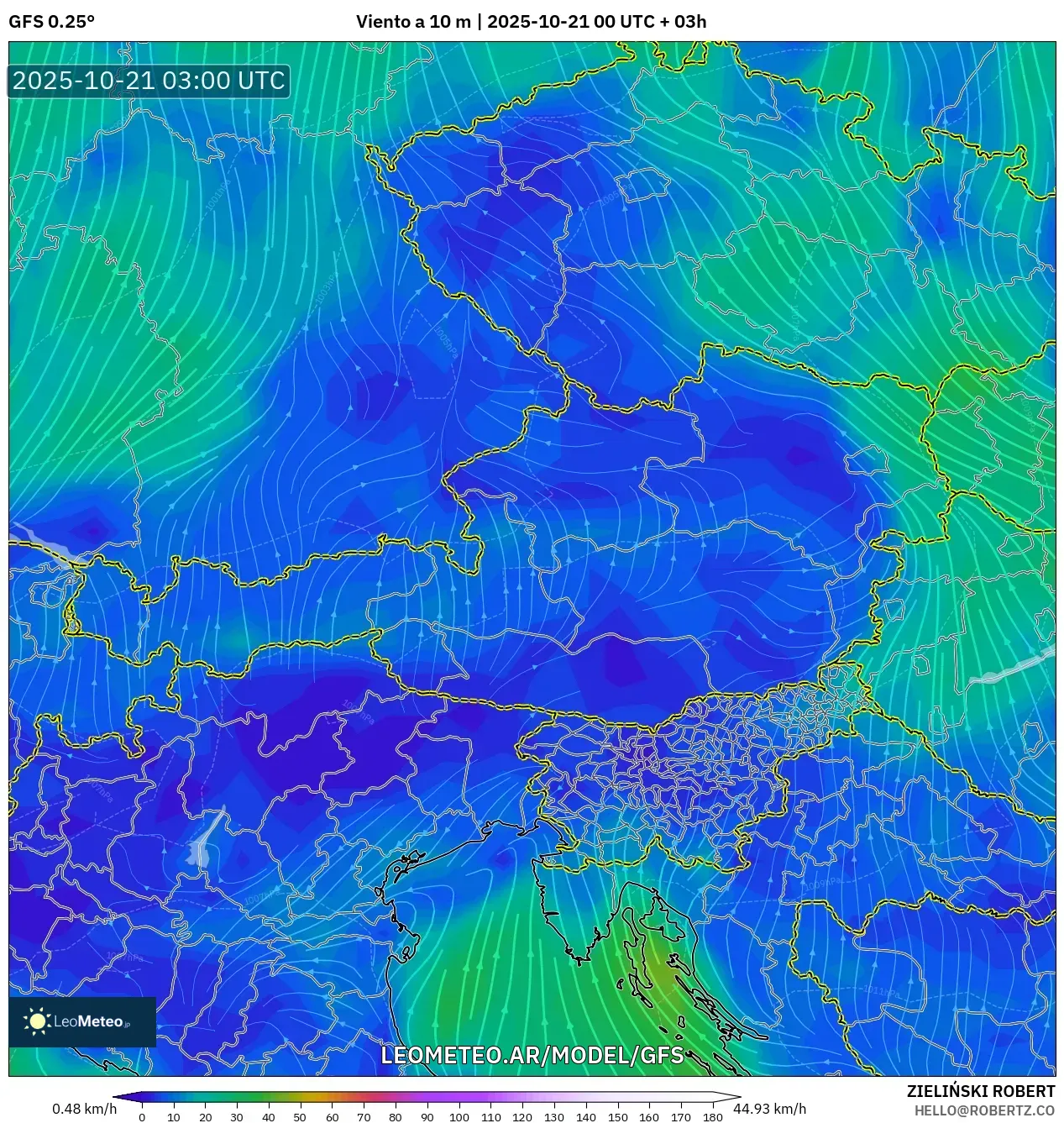 GFS model - Austria, Viento a 10 m