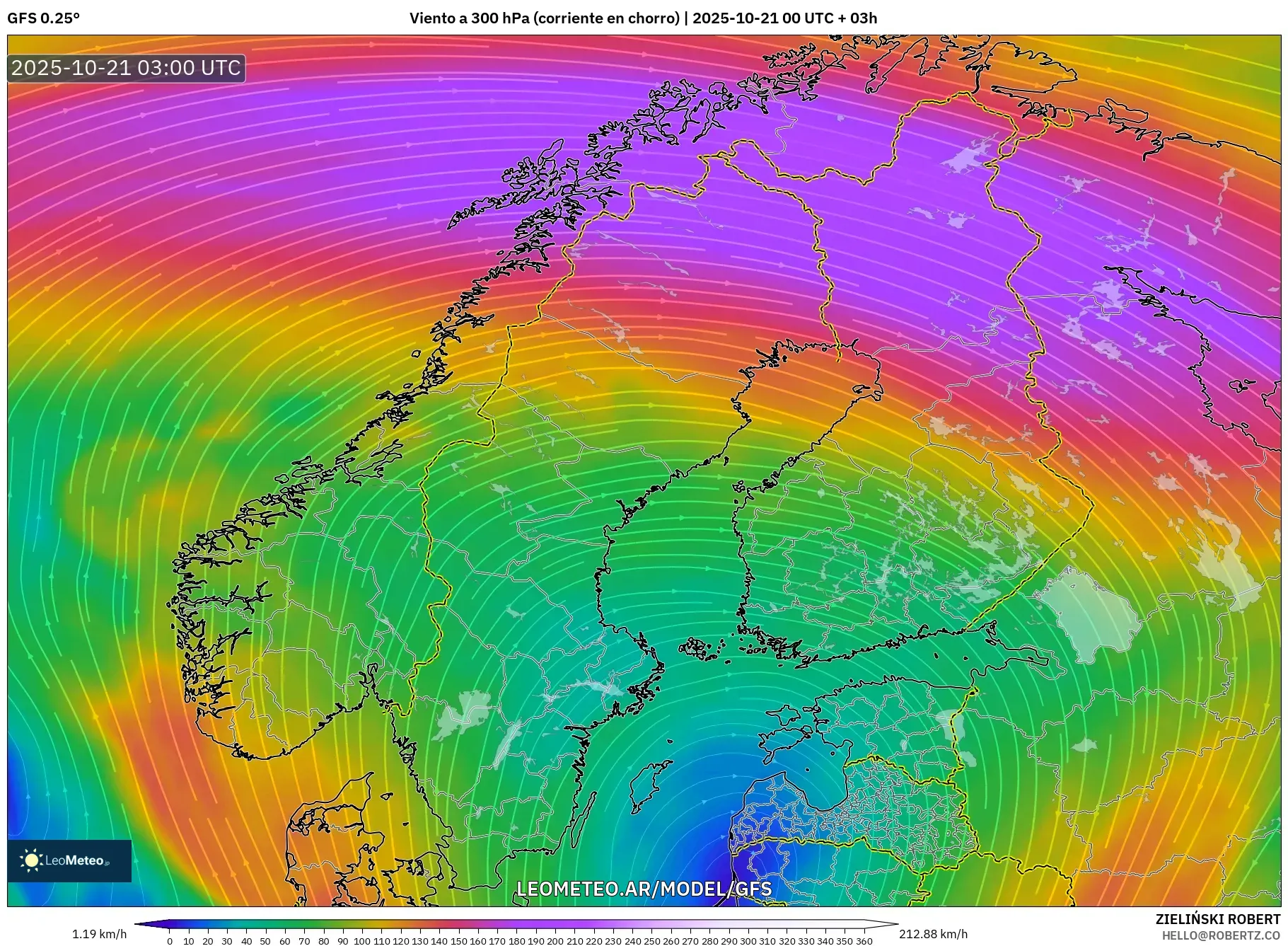 GFS model - Escandinavia, Viento a 300 hPa (corriente en chorro) GFS model - Escandinavia, Viento a 300 hPa (corriente en chorro)