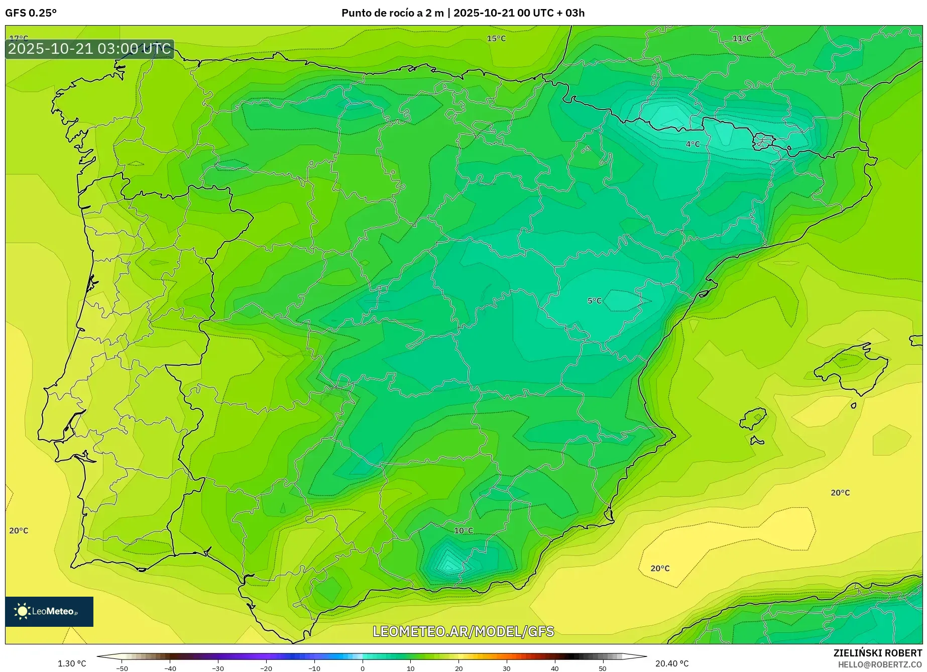 GFS model - España, Punto de rocío a 2 m GFS model - España, Punto de rocío a 2 m