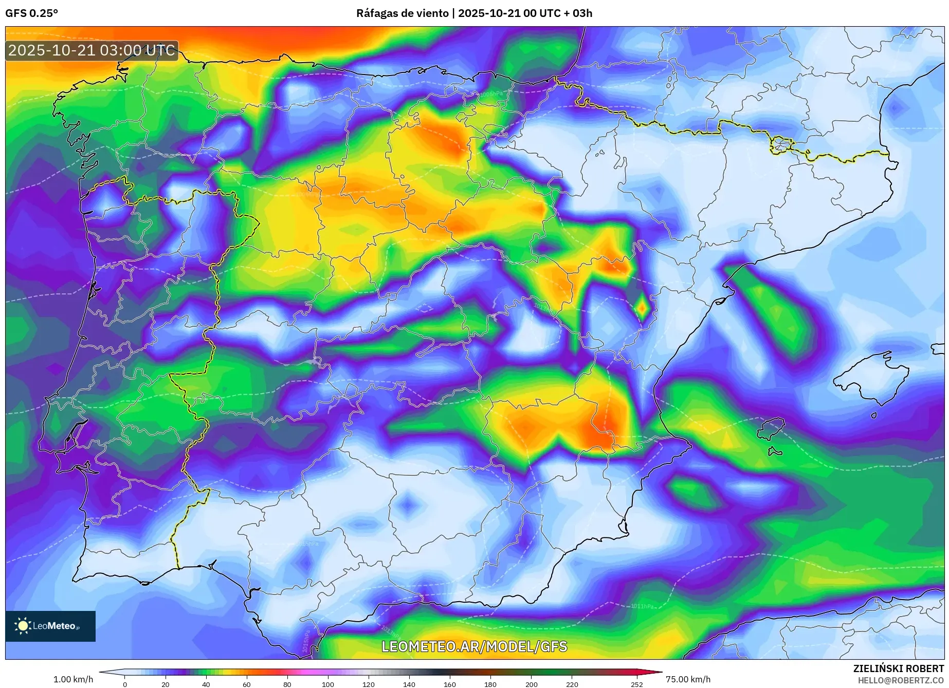 GFS model - España, Ráfagas de viento